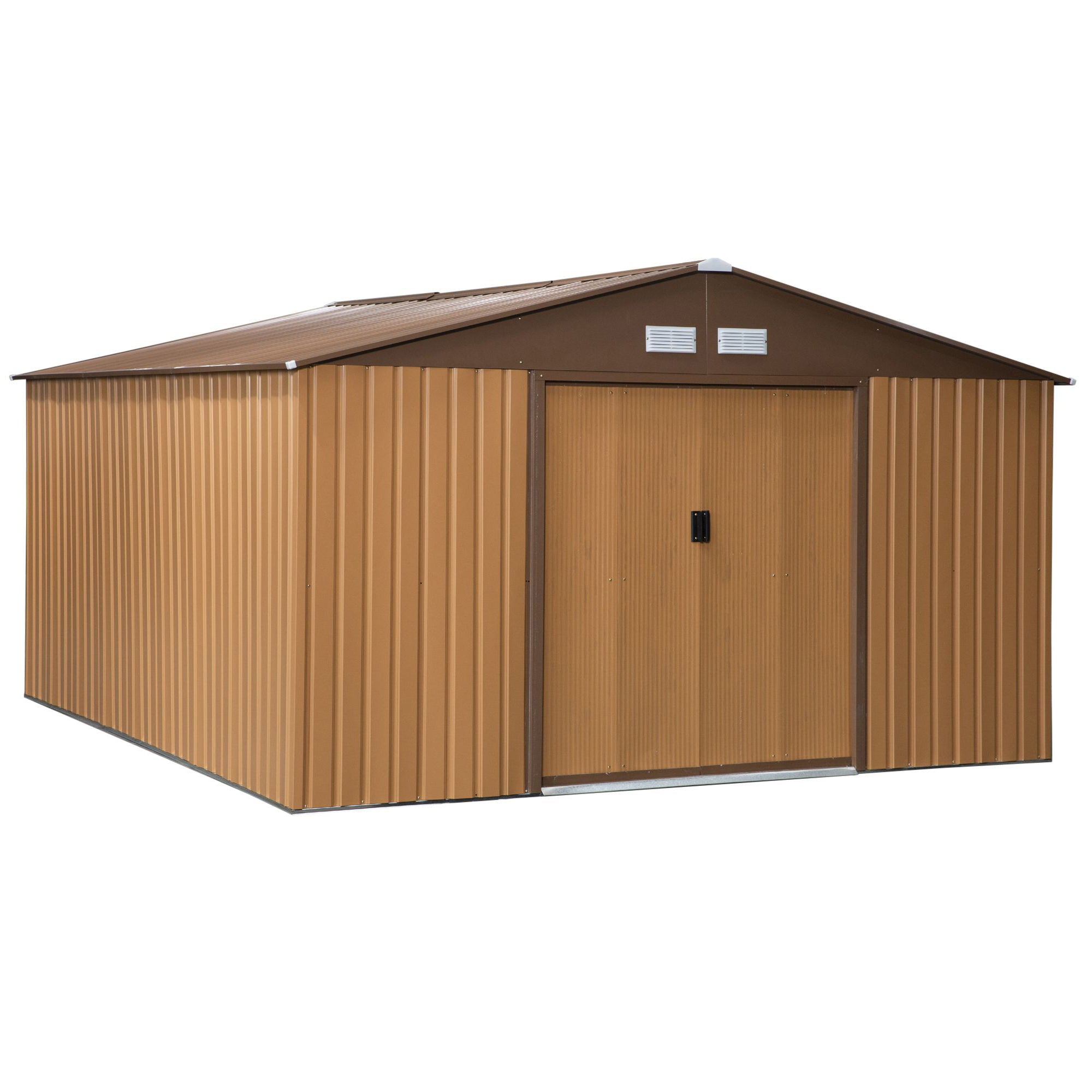 Outdoor Metal Garden Shed 12.4m²  340x386x200cm, Gable Roof, Sliding Doors, Galvanized Steel Base, Weatherproof Storage, Ventilated, Yellow