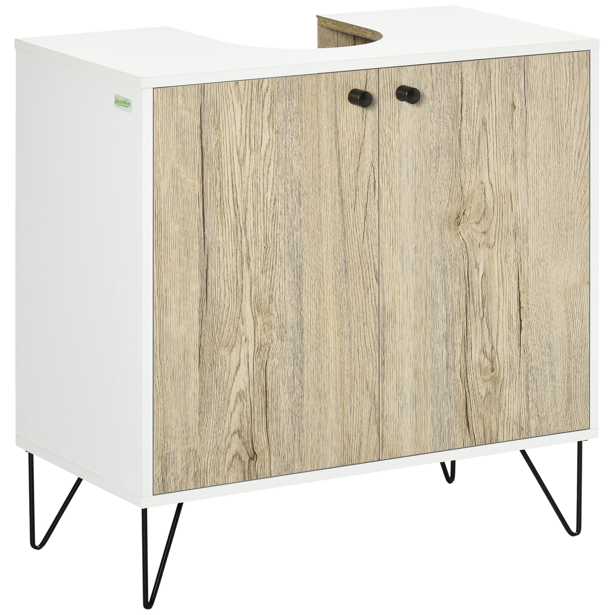 Wood Bathroom Sink Cabinet Under Sink Vanity Unit Floor Bathroom Cabinet with 2 Doors Shelf and Steel Legs 60x30x60 cm Oak and White