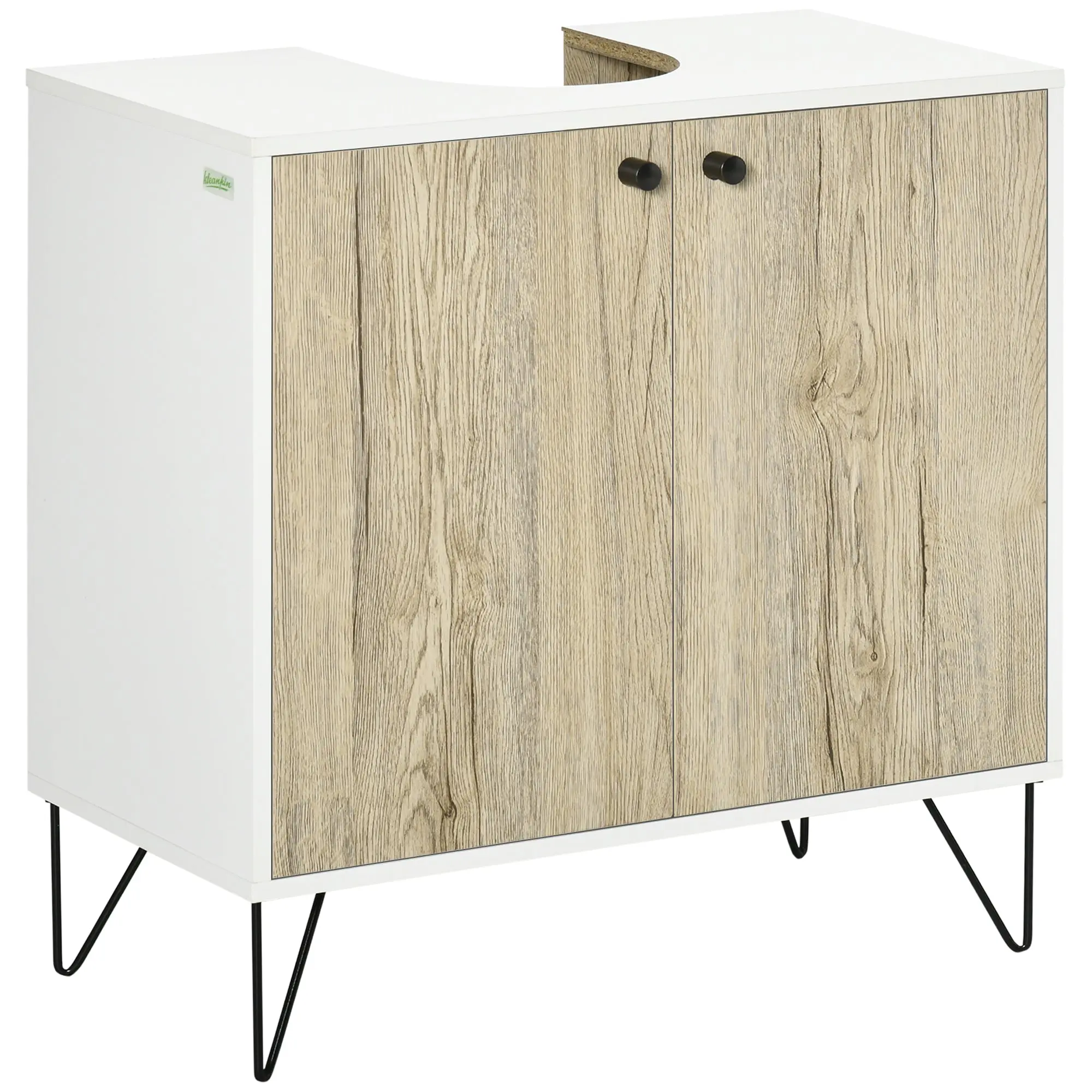 Wood Bathroom Sink Cabinet Under Sink Vanity Unit Floor Bathroom Cabinet with 2 Doors Shelf and Steel Legs 60x30x60 cm Oak and White