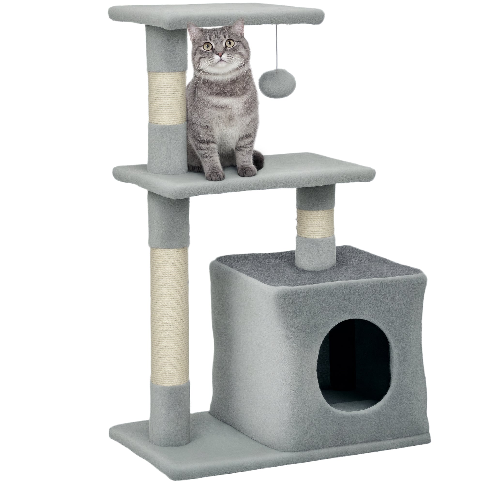 PawHut Katzenkratzbaum 81,5 cm mit Sisalpfosten, 2 Plattformen, Höhle und hängendem Ball - Stylisches Design 50x30x81,5 cm Dunkelgrau