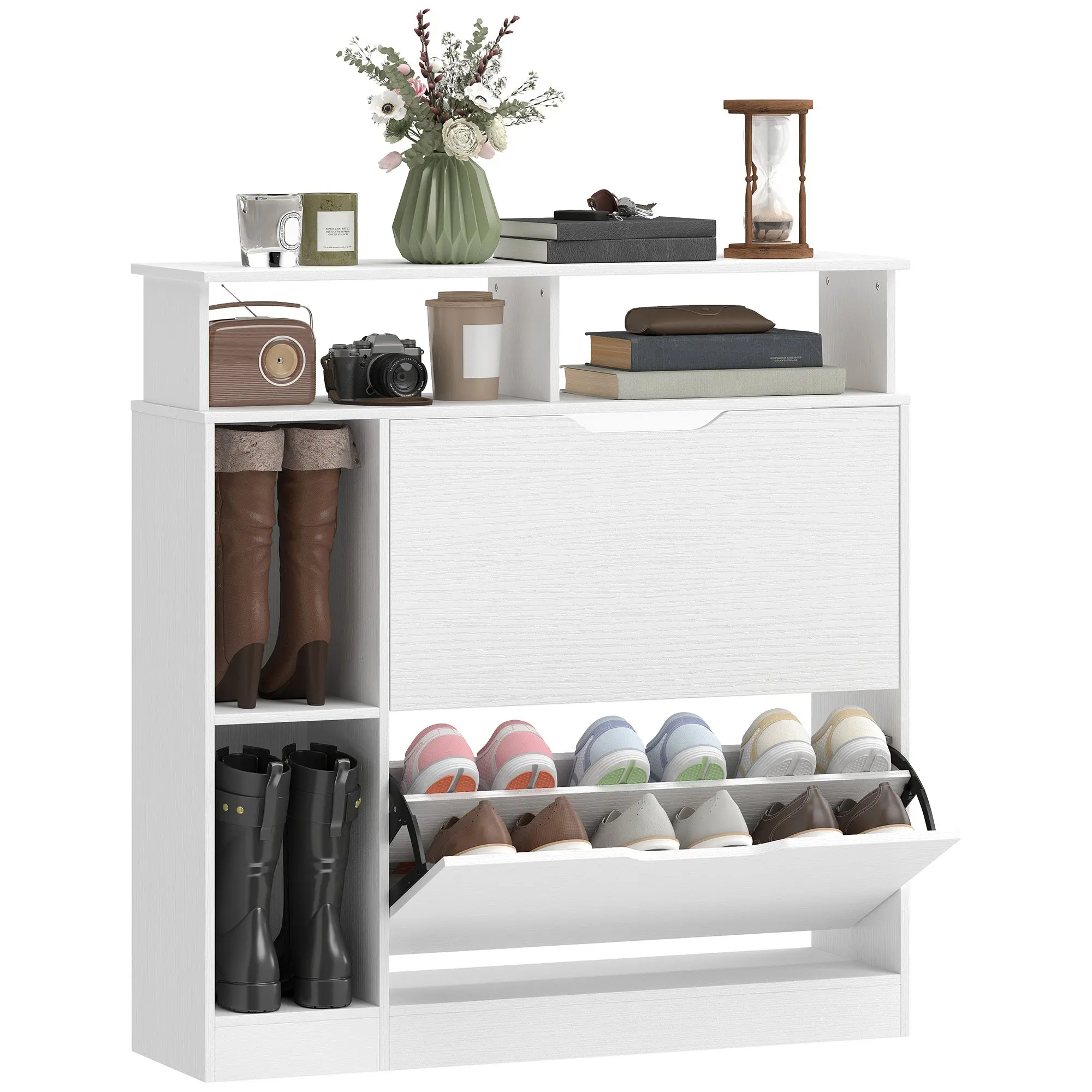 Narrow Shoe Cabinet with 2 Flip Drawers, Open Compartments & Adjustable Shelf, for Hallway & Entry, 35 x 9.8 x 36.2 in, White