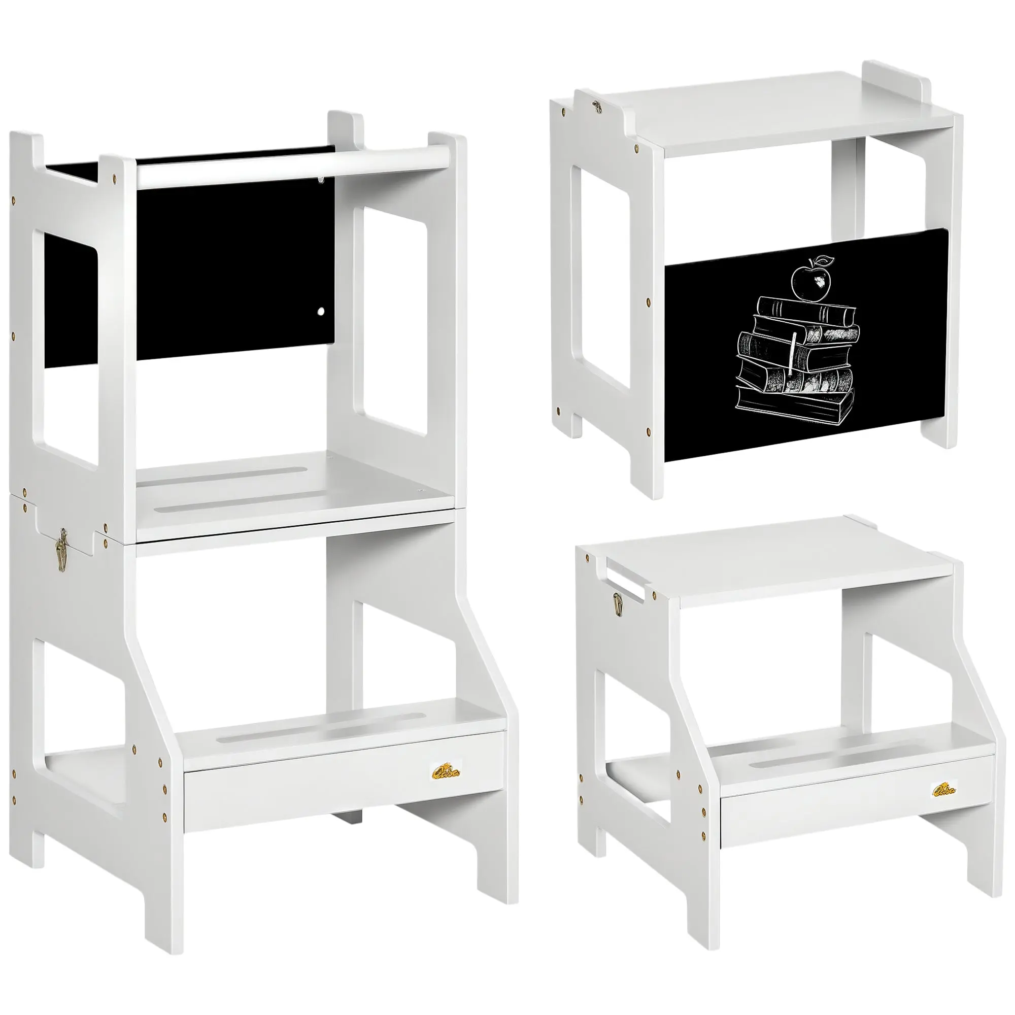 2-in-1 Learning Tower Learning Stool for Children 3+ Years Convertible into Desk with Chalkboard and Safety Bar 42x44x86 cm Gray