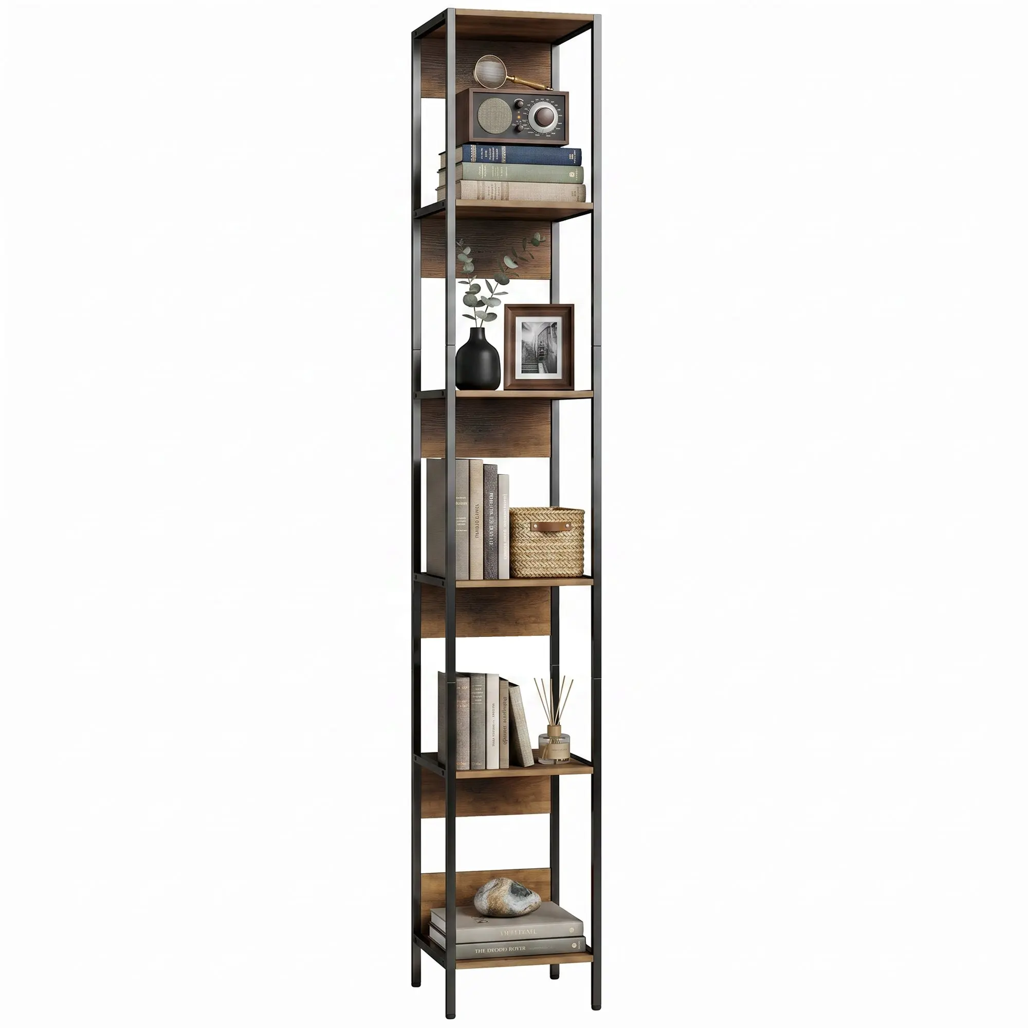 6-Shelf Tall Bookcase, Space-Saving Vertical Shelf with Metal Frame, Brown Wood Effect