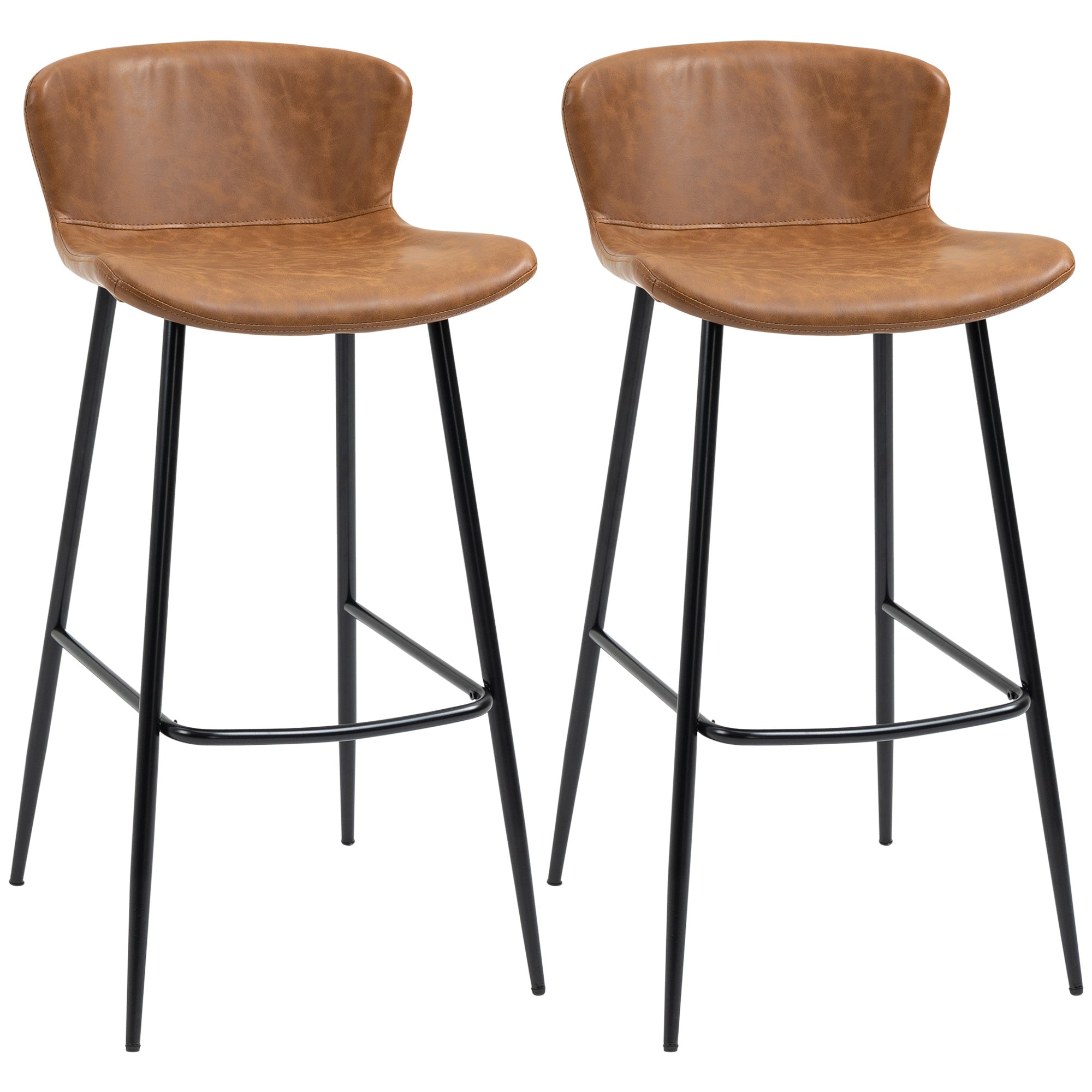 Set of 2 Vintage Bar Stools with Faux Leather Seat, 76 cm Height, Steel Footrest, and Ergonomic Backrest - Brown