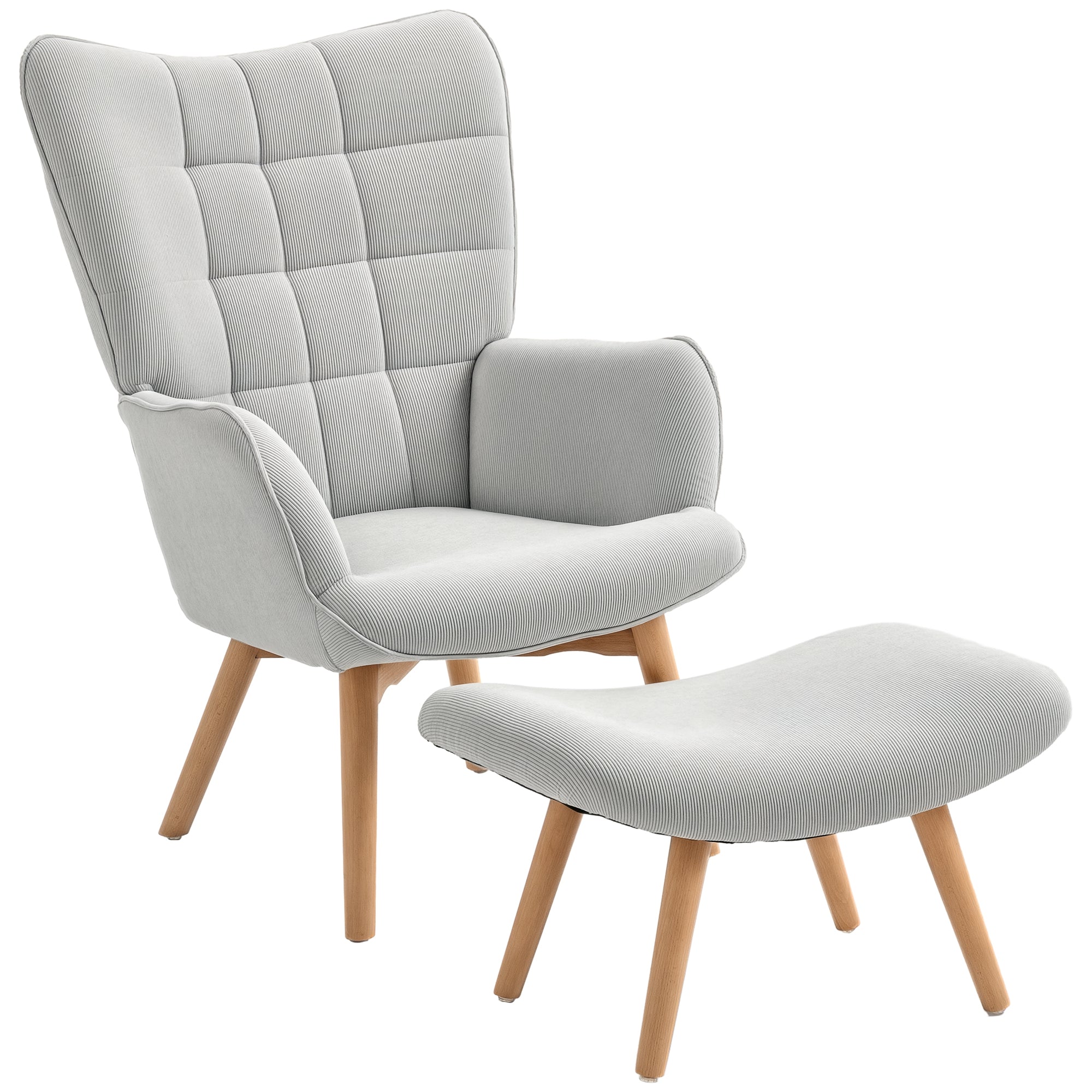 Wingback Lounge Chair with Ottoman, Tufted Corduroy Accent Chair with High Back, Thick Foam Padding, Beechwood Legs, Adjustable Floor Protectors, for Living Room Bedroom, Gray