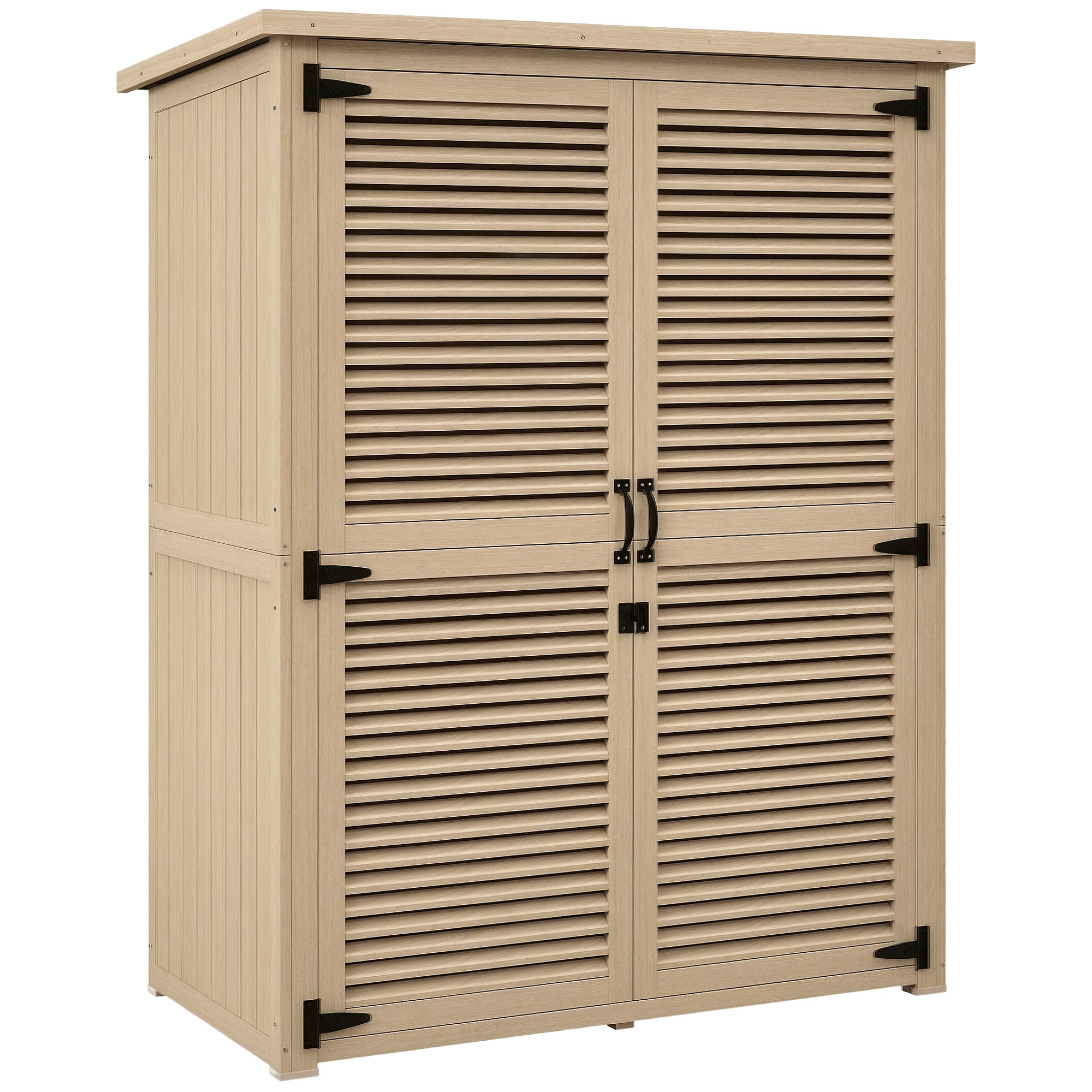 Outsunny Holzescht 0,83 m² 127x65x168 cm Outdoor Holzcabinet mat 2 Jalousietüren, 2 Rëschter, 2 Grëff an d'Wasserdichte Dëch fir den Dësch natierlech
