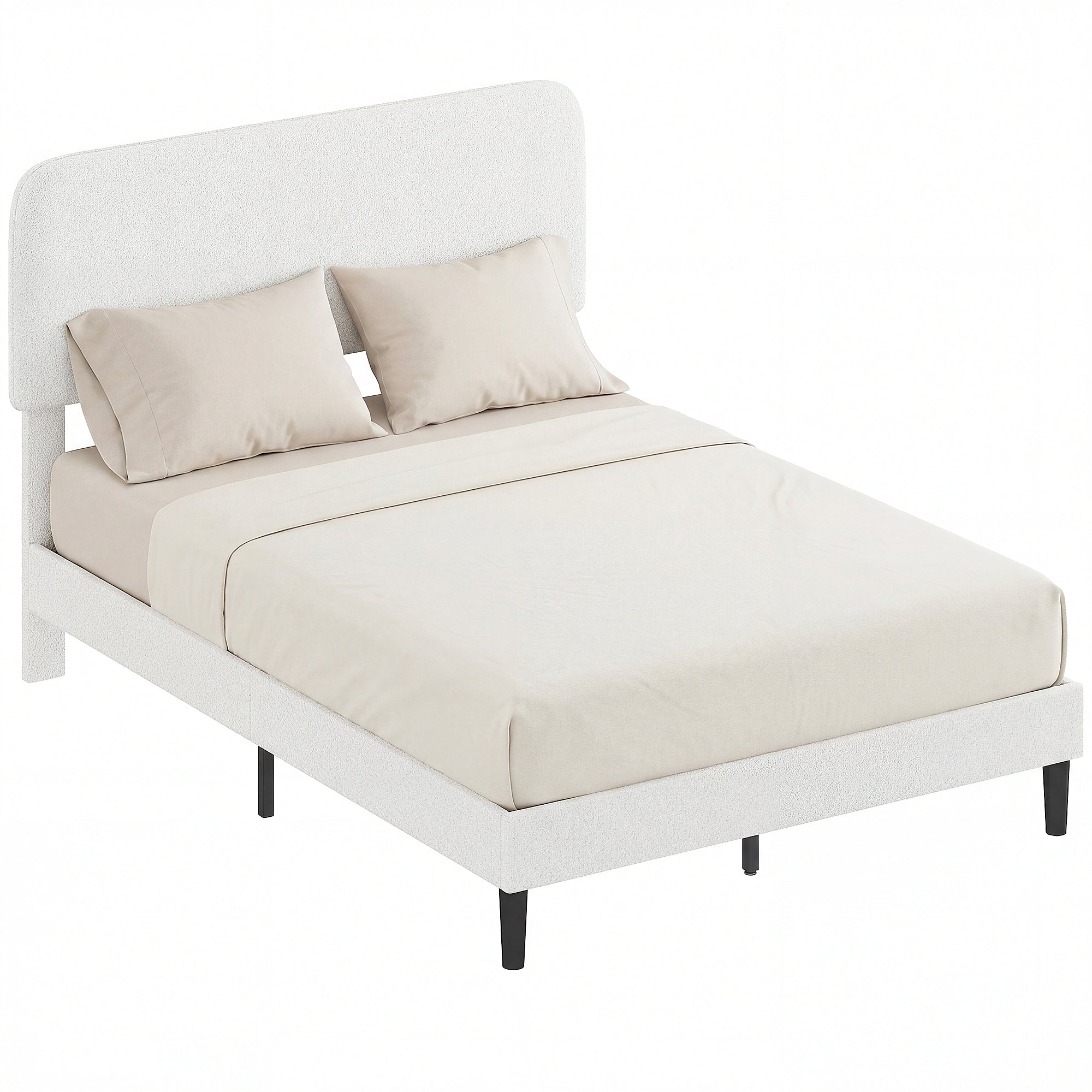 HOMCOM verhoiltu sängynrunko 140 x 200 cm – säädettävä pehmustettu teddy-fleece-selkänoja, metallirunko, valkoinen