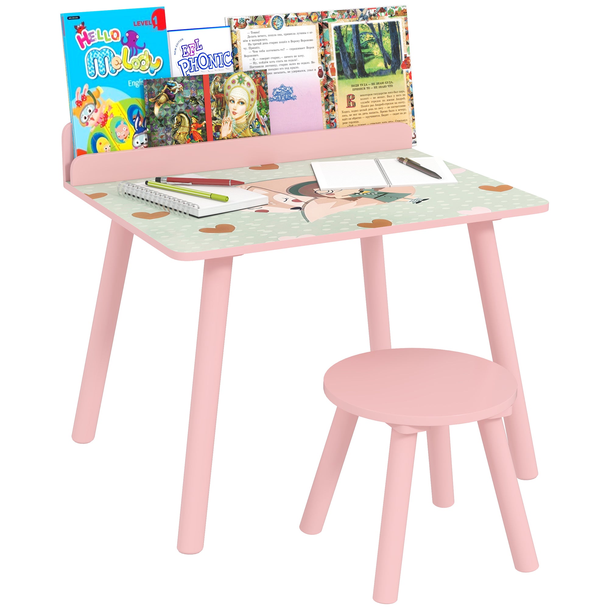 AIYAPLAY 2-teil Kids' Tësch a Stull Set - Kids' Tësch mat Stull a Bicherregal Desk fir Kanner +3 Joer fir Spillraum Rosa