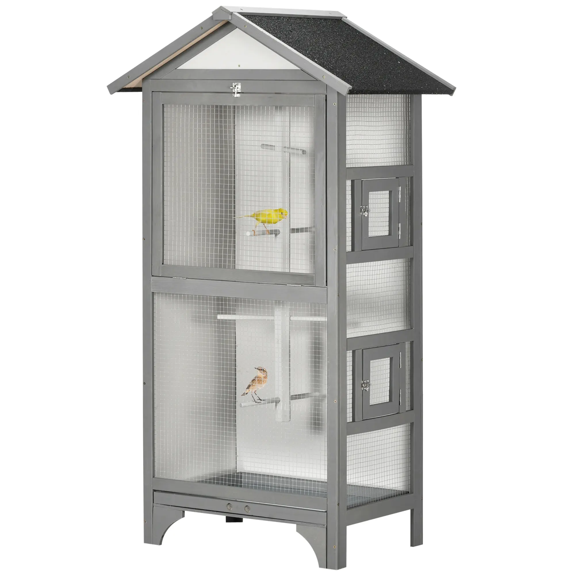 Outdoor Bird Aviary in Light Gray Fir Wood, 3 Openings with Lock, 4 Perches, and Removable Tray, 80.5x57x153cm