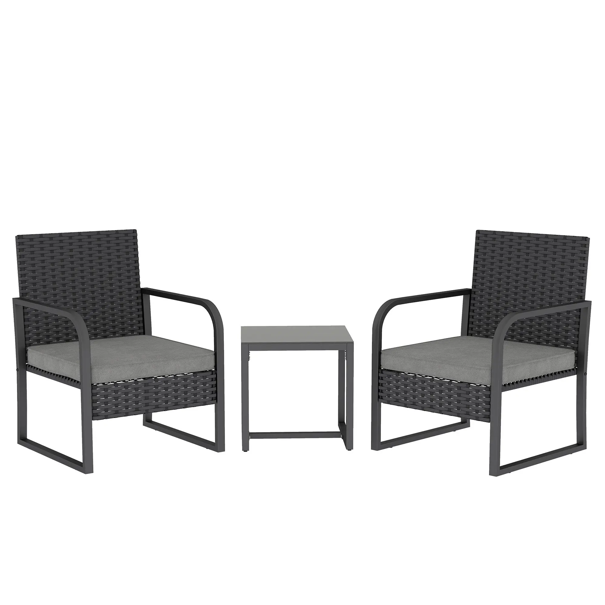 3-Piece PE Rattan Outdoor Set — 2 Cushioned Armchairs & Glass-Top Coffee Table, Dark Gray/Black