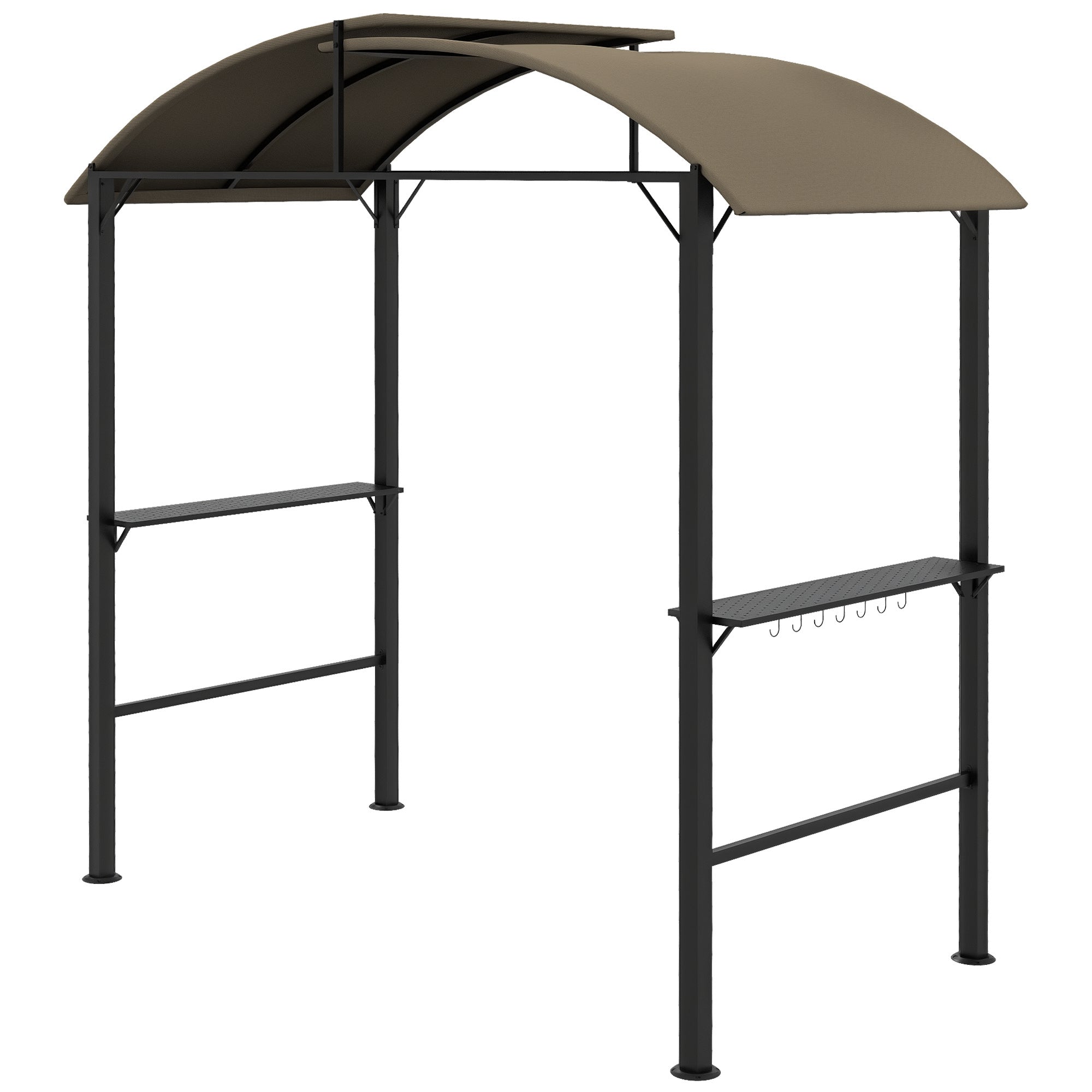 Outsunny 1,1 x 2,3 m BBQ Grill - Gazebo, jossa koukut, säänkestävä grillauskatos polyesterikatolla, 2 sivuhyllyä, maksimi grillipituus 100 cm, teräs, khaki