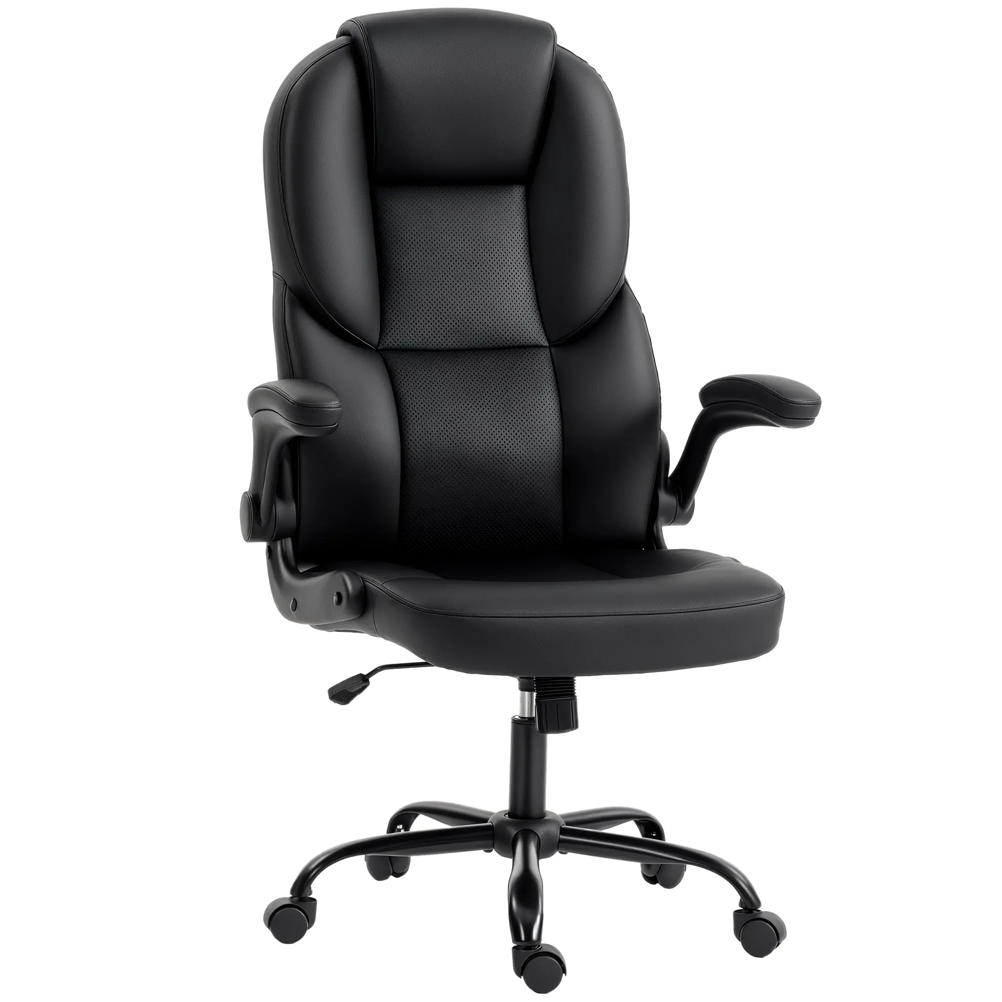 Ergonomic PU Office Chair with Padded Flip-Up Arms, Breathable Curved High Back, Rocking & Height Adjustment, Black