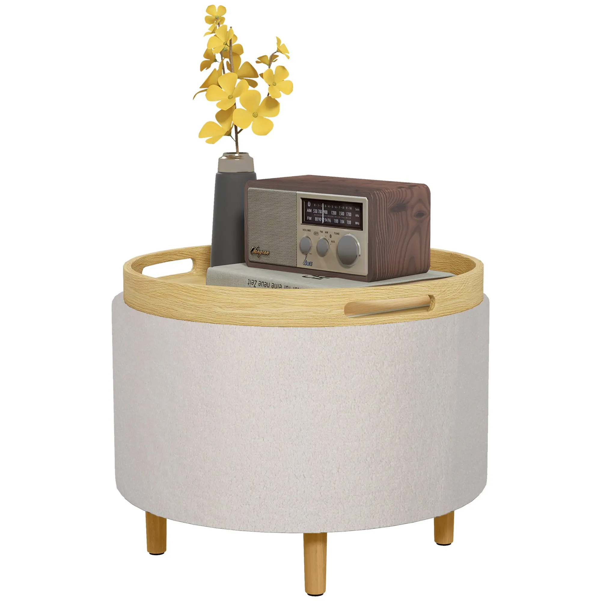 Storage Ottoman Ottoman with Folding Lid, Round Footstool Storage Cube with Wooden Legs, Velvet Look 56 x 42 x 42 cm White