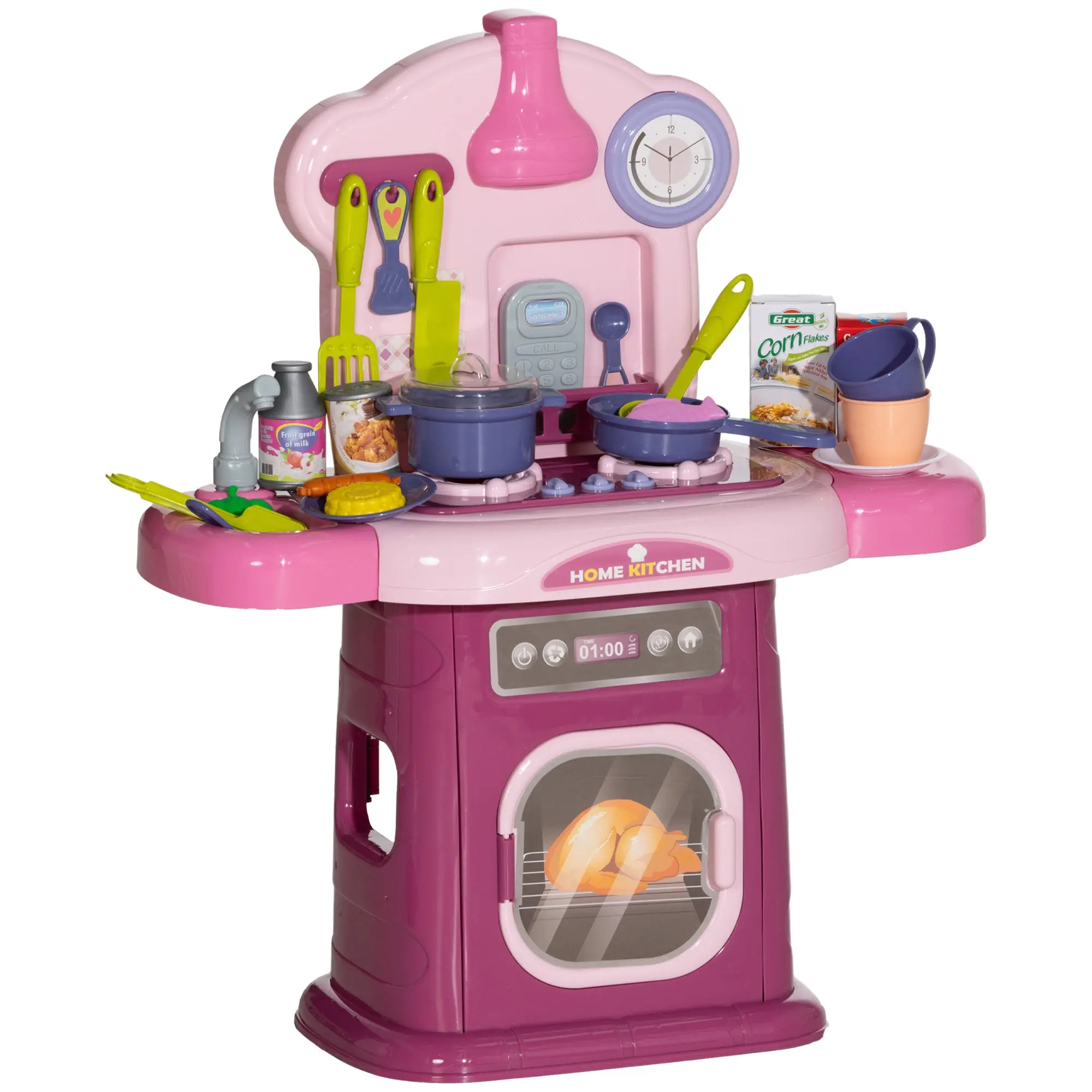 Kids Kitchen Playset Toy 38 PCS Pretend Play Kitchen Accessories - for 3-6 years with realistic lights and sounds, Pink