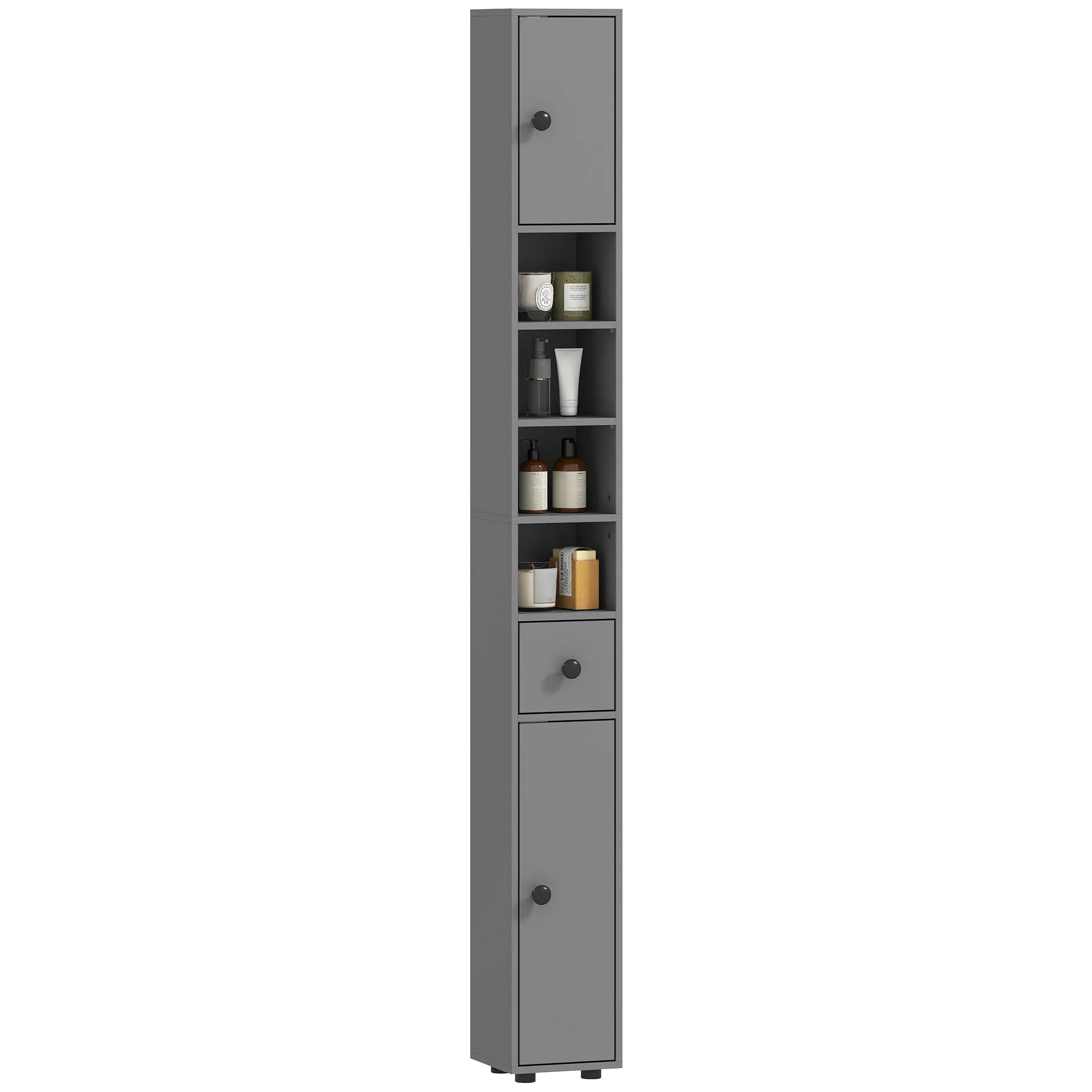 Slim Bathroom Cabinet, Tall Narrow Bathroom Storage Cabinet with Drawer, Adjustable Shelves & Doors, 20 x 20 x 180 cm, Grey