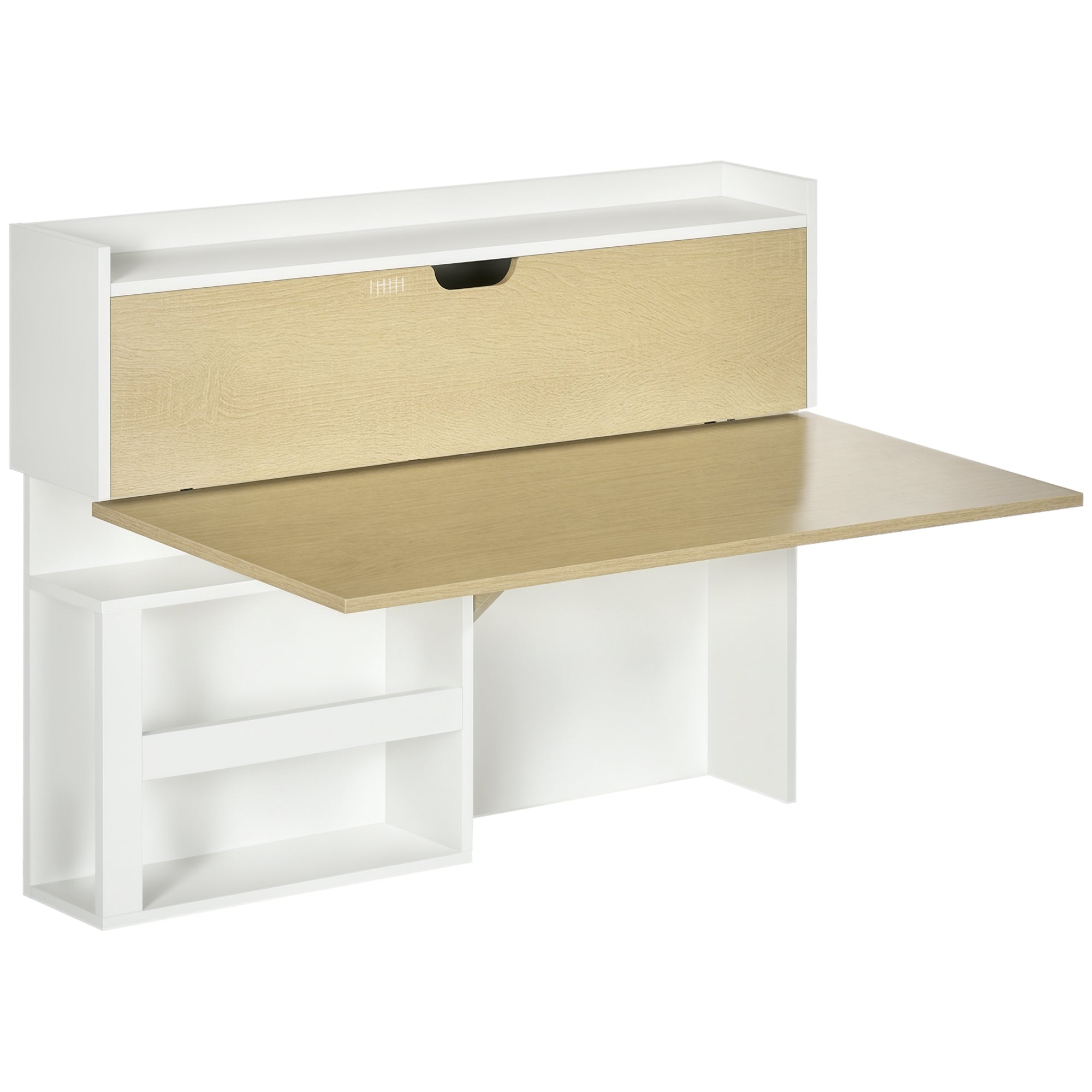 Folding Wall Desk with Shelves, Space-Saving, for Study, Living Room, and Office, Particle Board, 100x18x74 cm, White and Wood Color