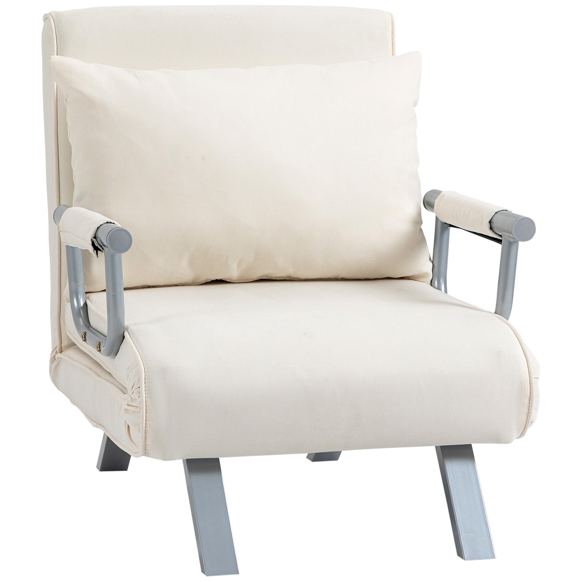 HOMCOM Schlafsofa mit verstellbarer Rückenlehne, Kissen, Sofa-Bett, Samt-Look, Armlehnen, Gästebett, Klappstuhl für Wohnzimmer und Schlafzimmer, Cremeweiß