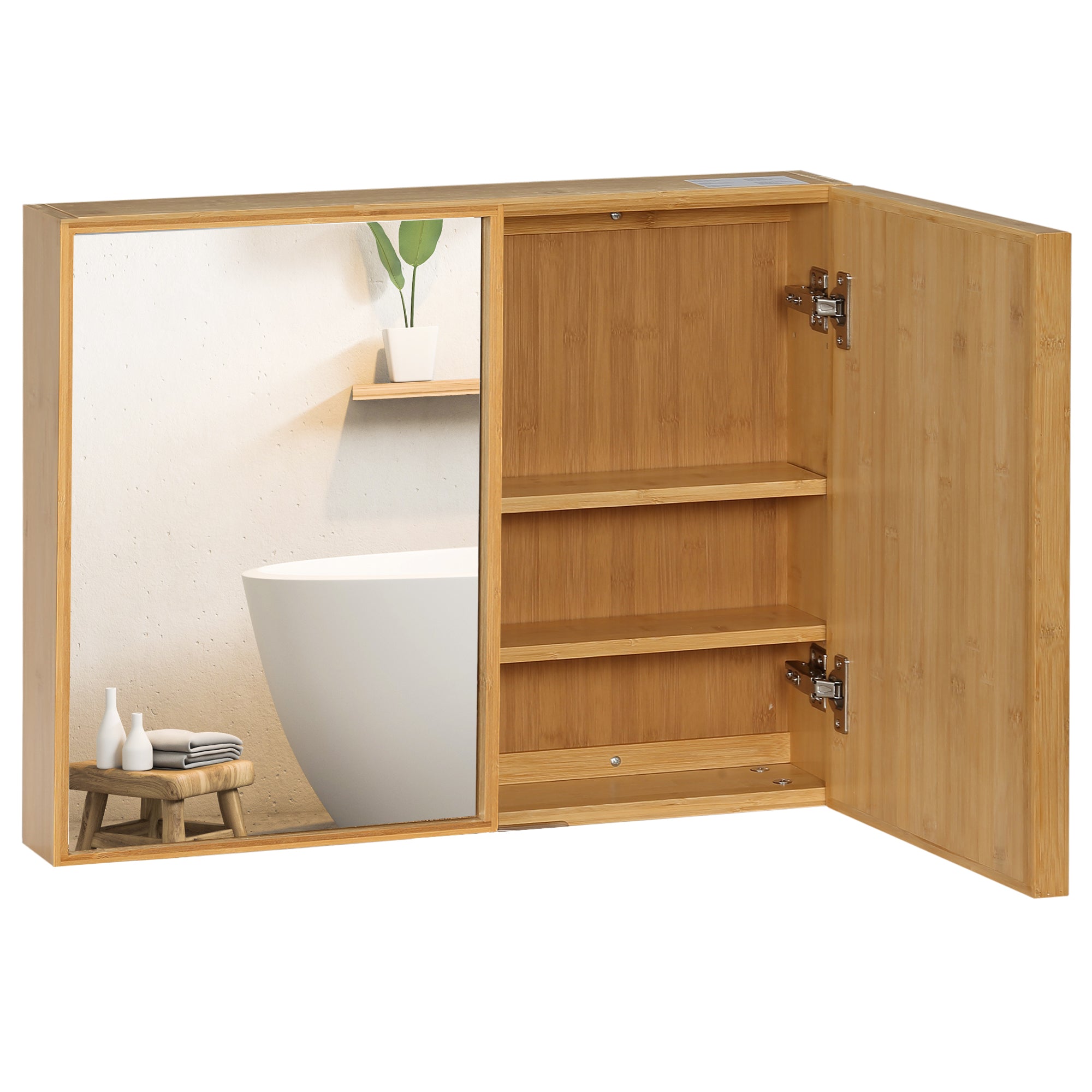 Mirror Cabinet, Wall Cabinet with 3 Interior Shelves, Bathroom Mirror Cabinet with Double Doors, Hanging Cabinet for Bathroom, Bedroom, Bamboo, Natural, 65.2 x 14 x 50 cm