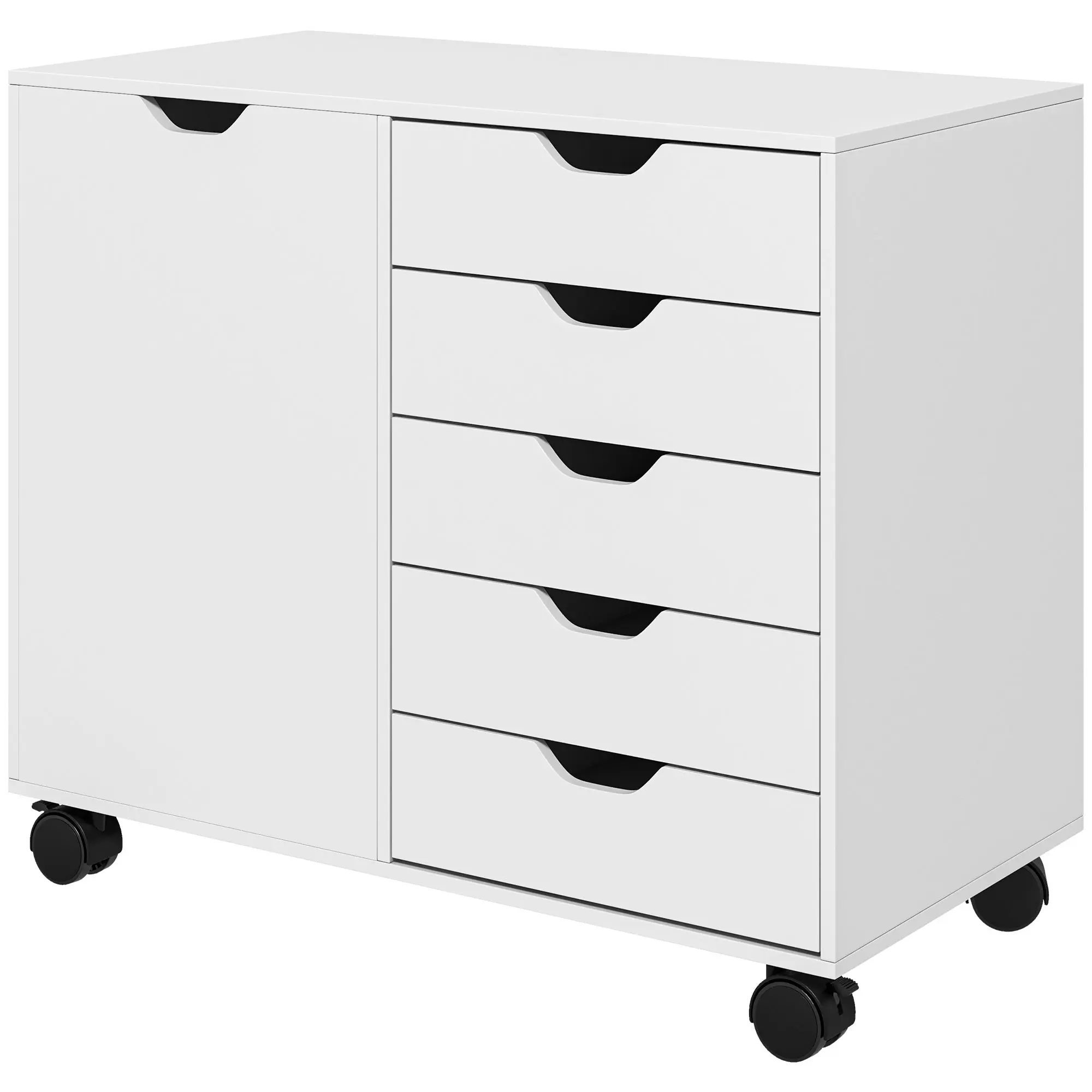 Office Storage Cabinet with 5 Drawers and 1 Printer Stand Door on Wheels with Adjustable Shelf, 78 x 40 x 66.5 cm, White