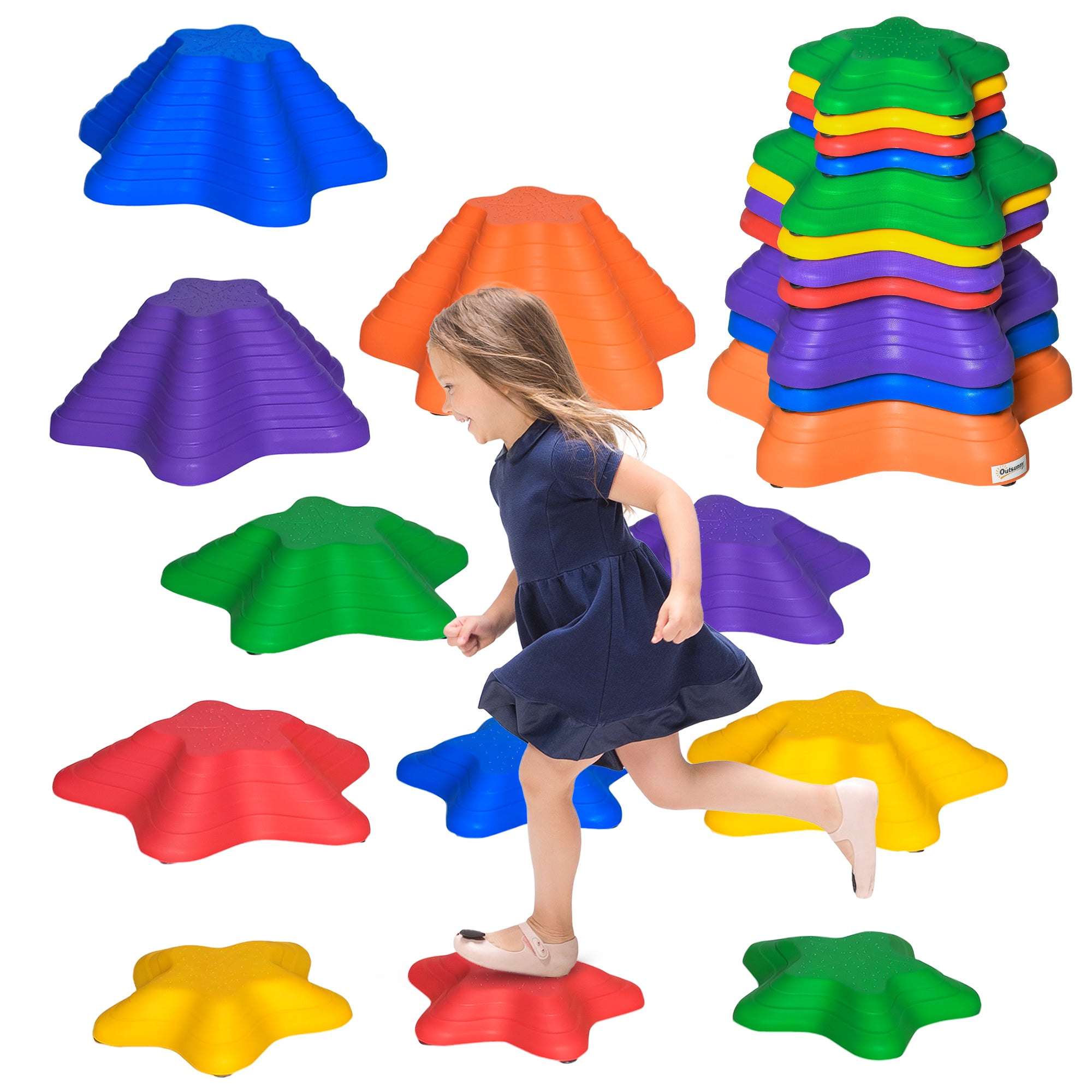 Outsunny Balance Sten til Børn - 11 Stk Non-Slip Stable Balanceringssten til Fremme af Balance og Koordination, Flodsten til Børn 3-8 År, Trædesten til Indendørs og Udendørs