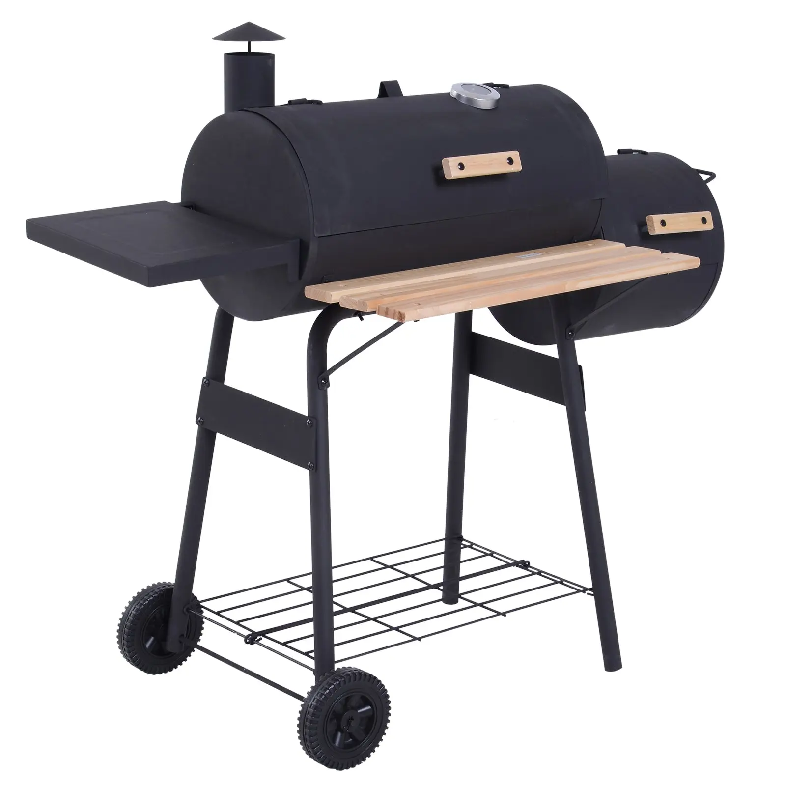 3-in-1 Charcoal Barbecue Smoker Charcoal Grill BBQ 124x53x104 cm with Thermometer and Wheels Wood Shelves Picnic Camping Outdoor