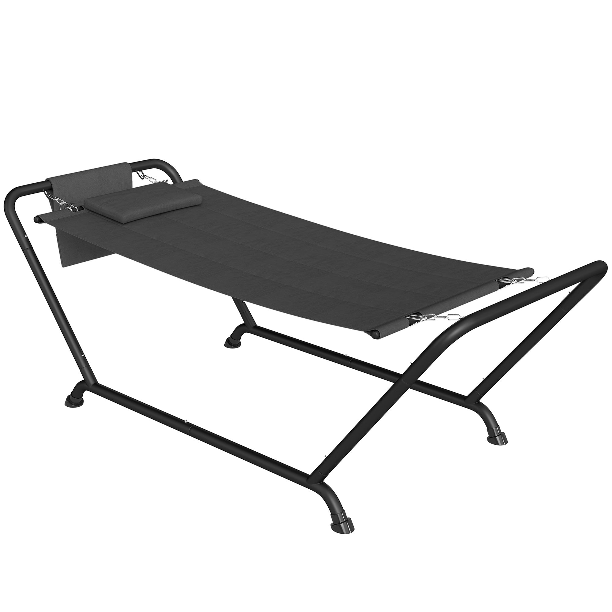 Outsunny szabadon álló merevítős függőágy állvánnyal, 237 x 90 cm — párnázott fejtámla és oldalzseb, porfestett acélváz, max. 150 kg — sötétszürke