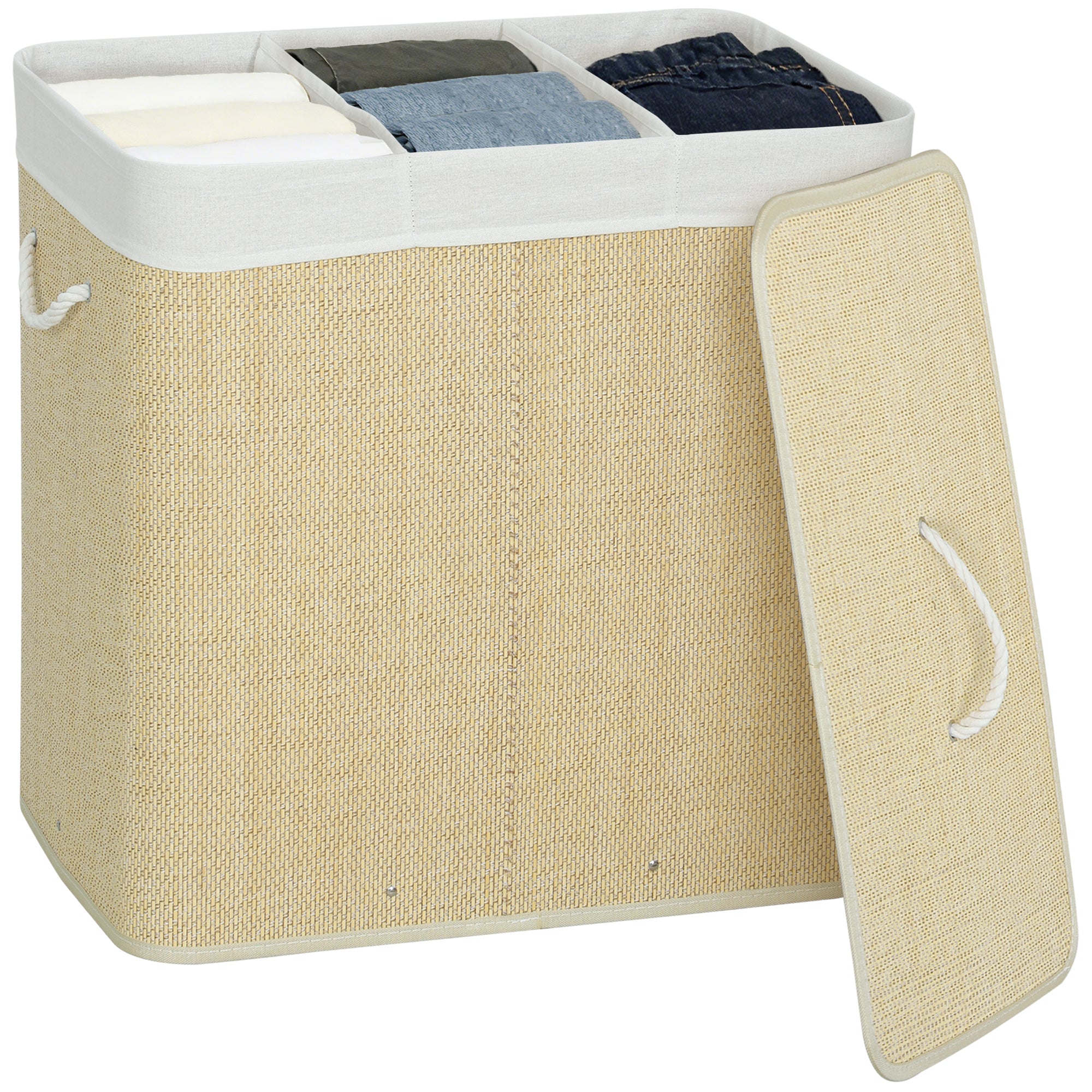 HOMCOM Wäschekorb aus Bambus mit Deckel, 144 L, 3 Fächer, waschbare Einsätze, Griffe, 60×40×60 cm, Creme