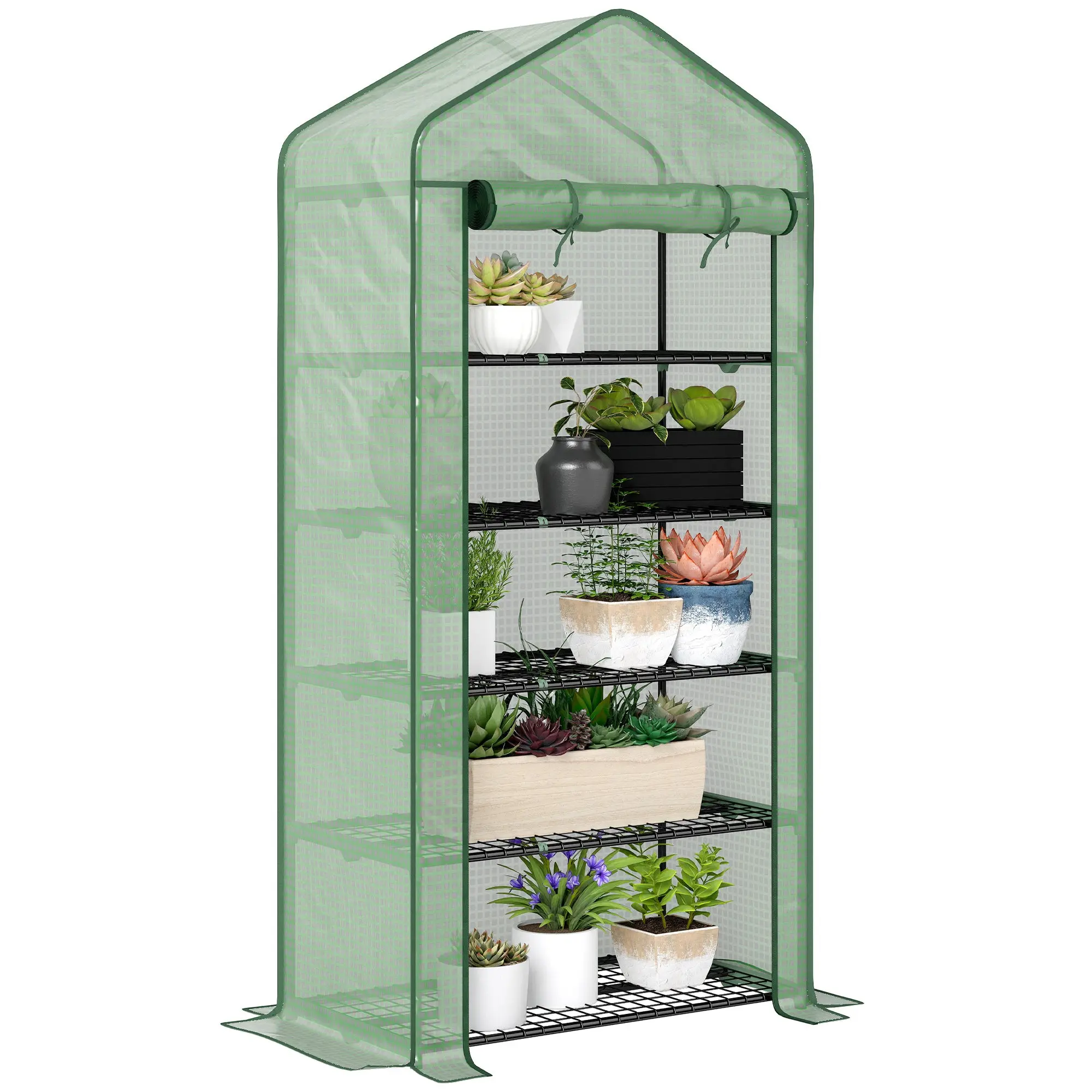 5-Tier Garden Greenhouse Sturdy Greenhouse with 1 Roll-Up Zipper Door Anti-UV Widened Design and Shelves for Plant and Flower Cultivation 90x49x193 cm Green