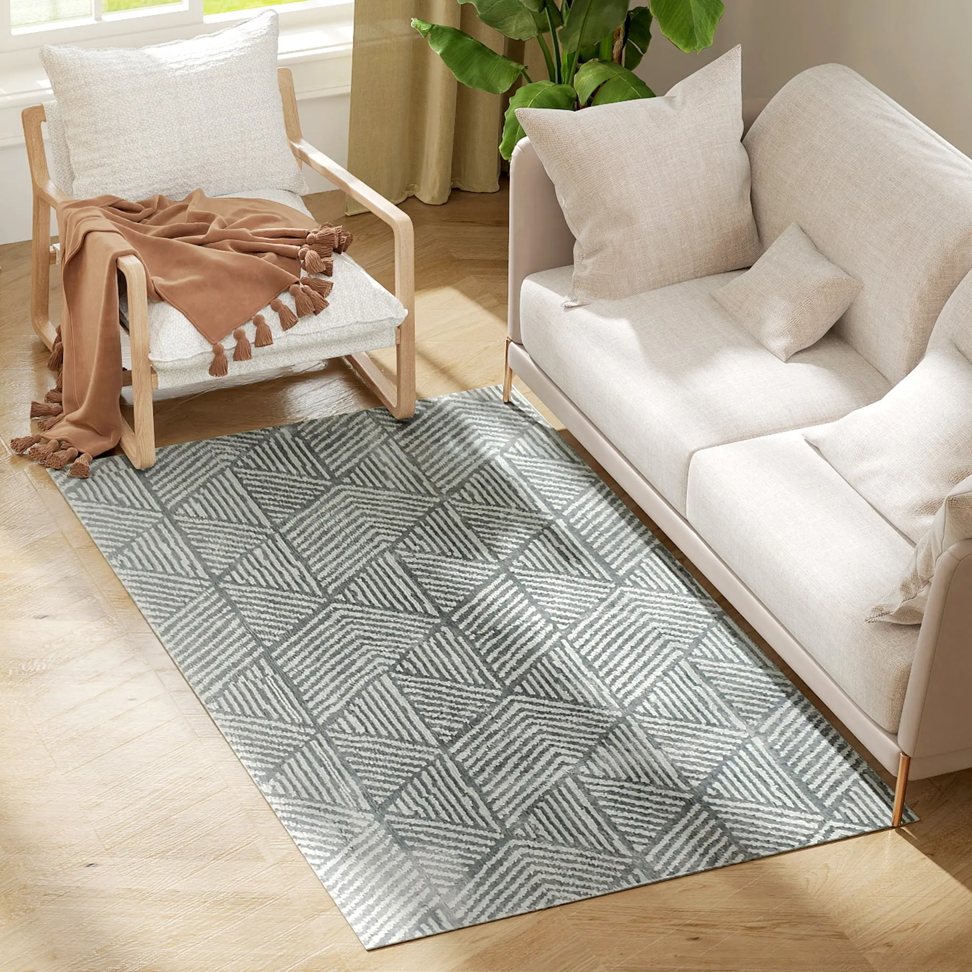 Living Room Rug 170x120 cm Machine Washable Short Pile Geometric Rug for Living Room Bedroom Dining Room Dark Gray
