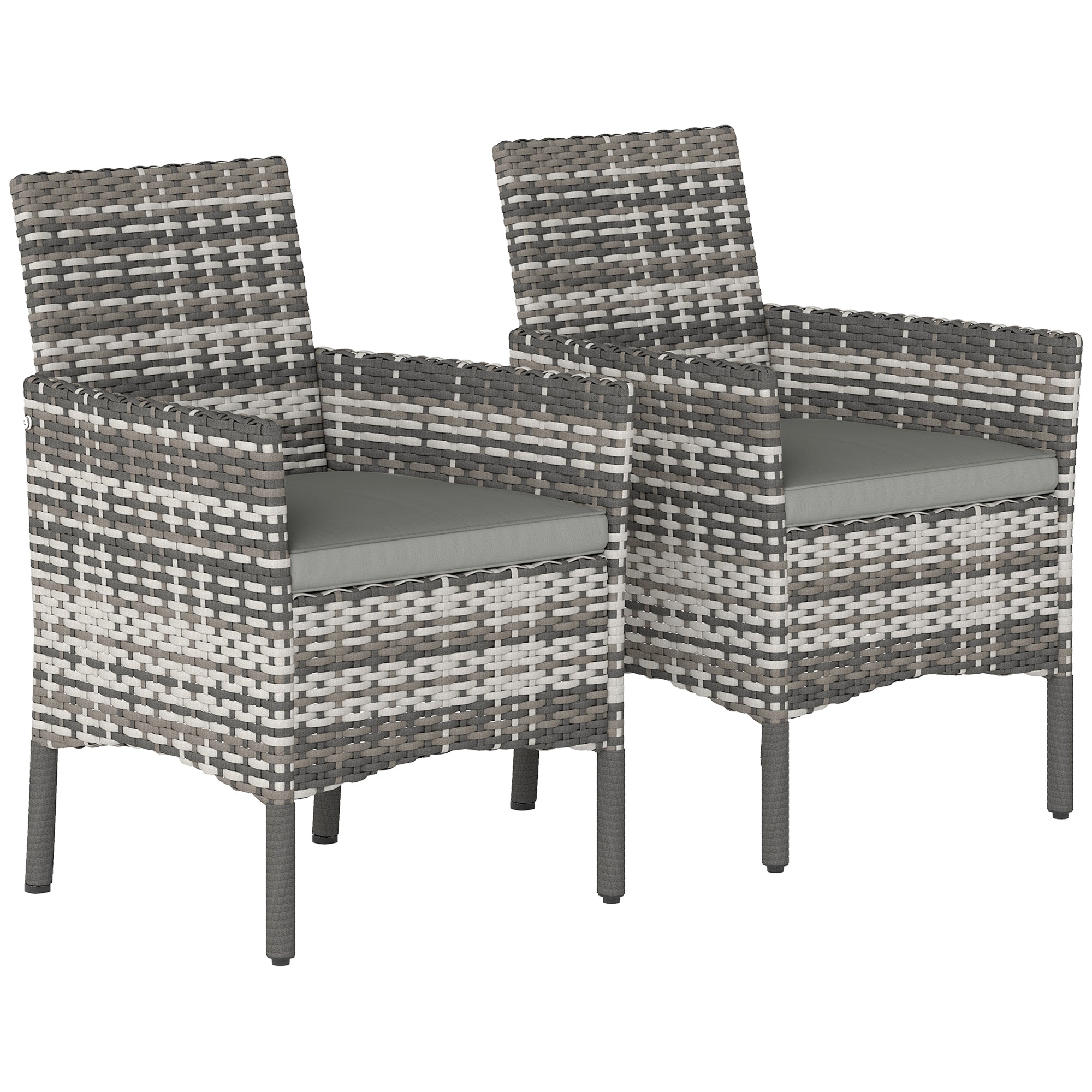 Set of 2 Gray Rattan Outdoor Chairs with Cushions, Armrests & High Back — Steel Frame for Patio, Balcony & Poolside