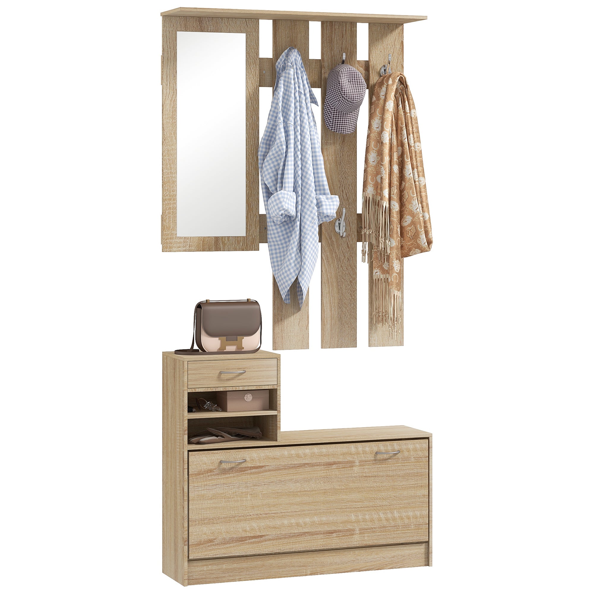 Modern Entryway Furniture Set with Shoe Bench and Mirror, Entryway Hall Tree with 6 Hooks, 2 Adjustable Shelves, and Drawers in Wood for Hallway, 90x24x177 cm, Oak