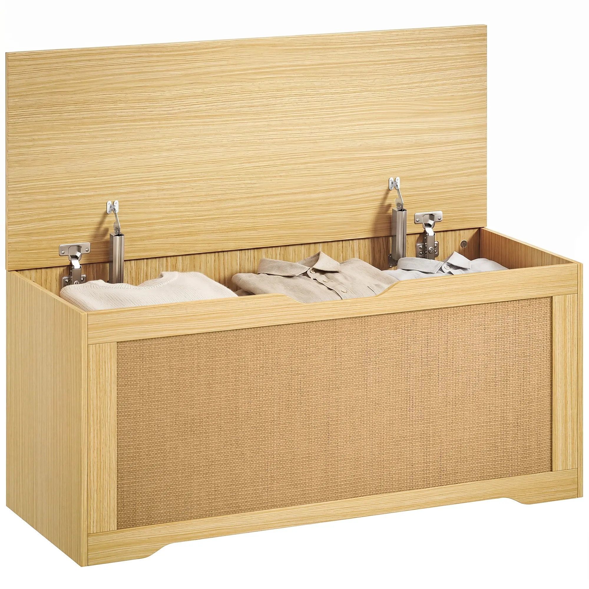 108 L (28.5 US gal) Storage Trunk Bench with Rattan Panel, Lift-Up Lid & Support Arms, Handle-Free Design — 31.5" x 15.7" x 17.7" (80 x 40 x 45 cm), Oak