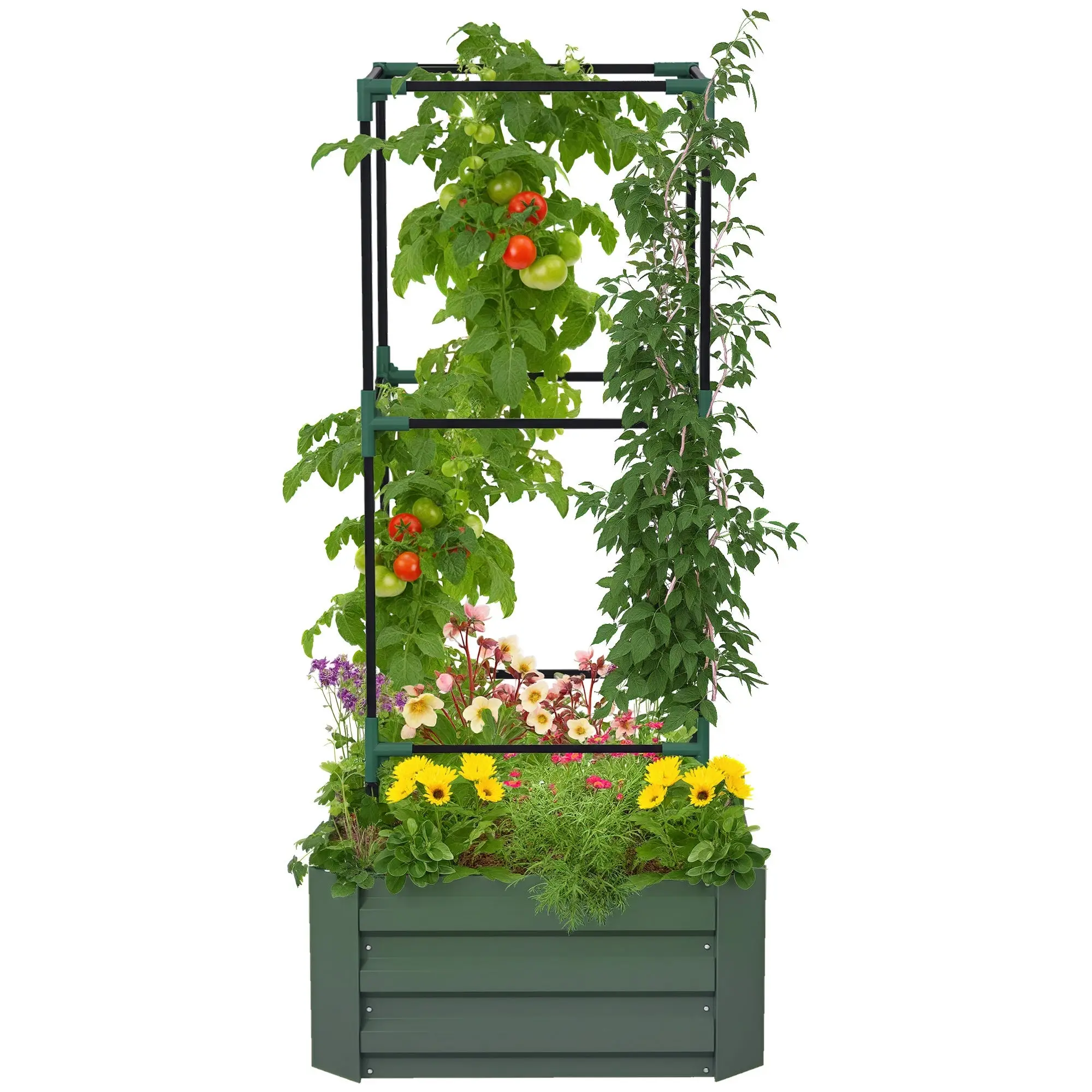 Raised Bed with Trellis, Flower Box with Open Bottom, Vegetable Bed, Plant Box, Herb Bed for Garden, Balcony, Galvanized Steel, Green, 61 x 61 x 140 cm