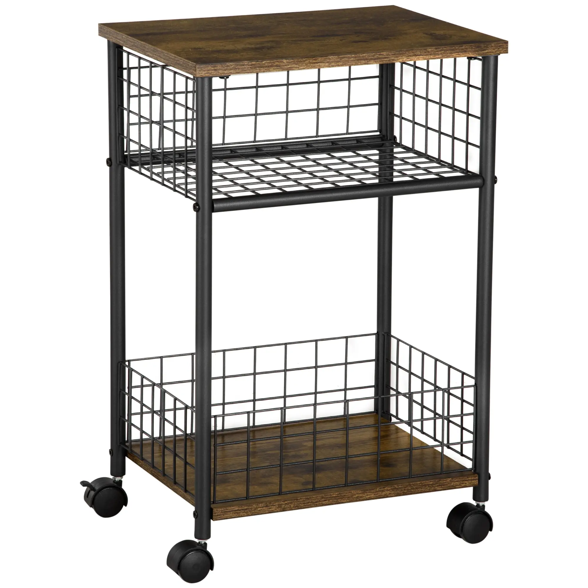 Kitchen Cart Trolley with 3 Levels Serving Cart with Worktop and 2 Storage Baskets, Kitchen Shelf on Wheels, Storage Cart for Kitchen Bathroom Office Living Room Rustic Brown