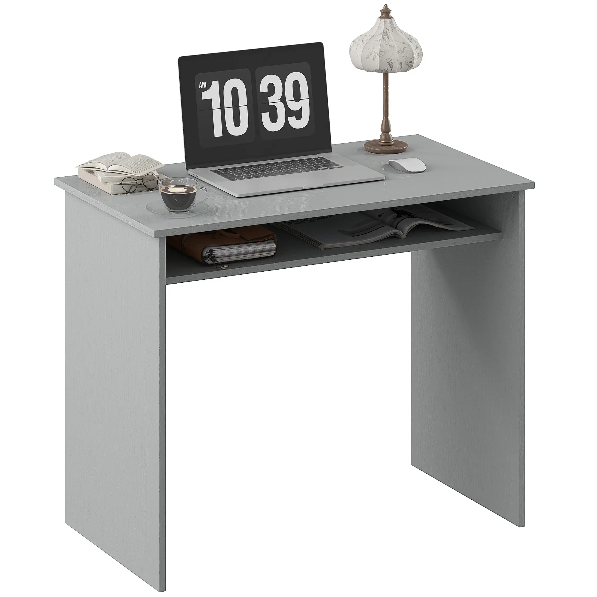 Compact Computer Desk with 1 Shelf, Particleboard, 35.4 x 19.7 x 29.1 in, Gray