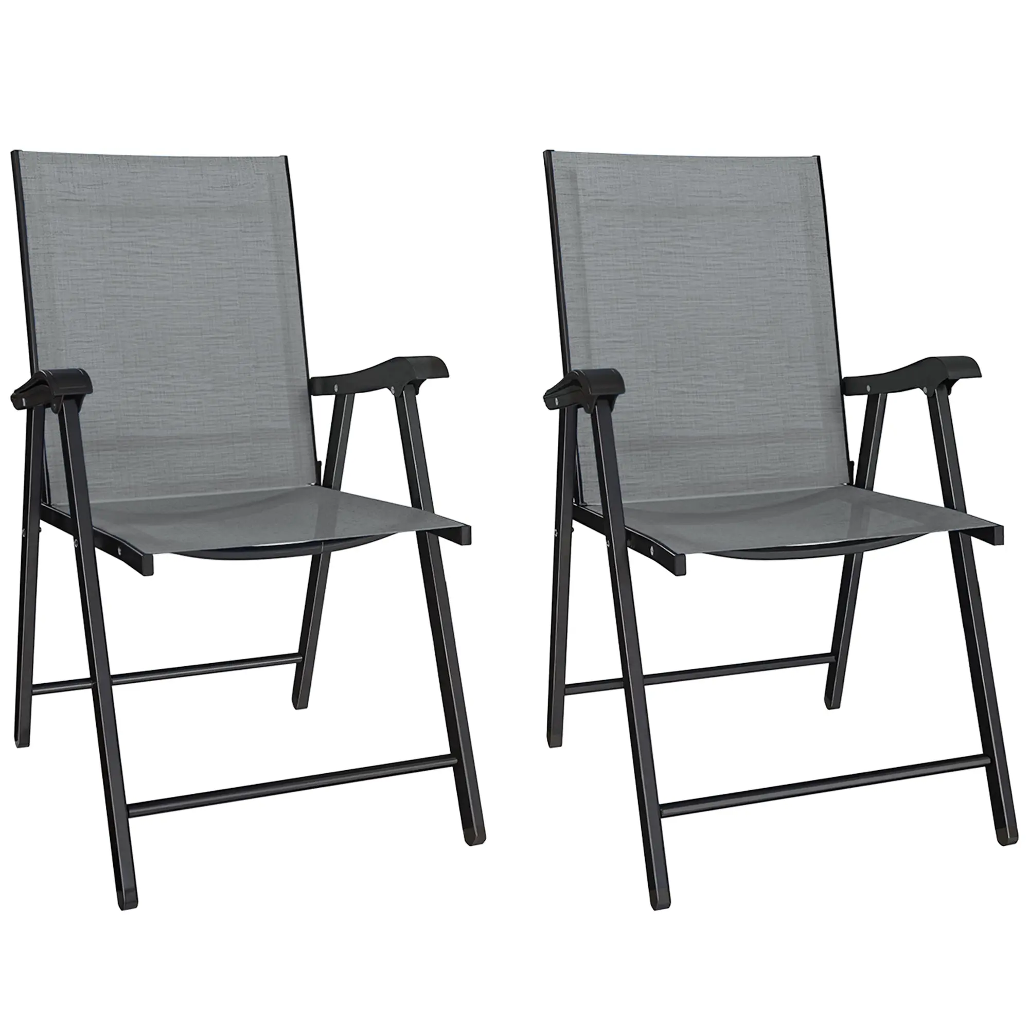 Set of 2 Folding Outdoor Dining Chairs with High Back & Armrests, Breathable Texteline Fabric, Powder-Coated Steel Frame, Light Gray