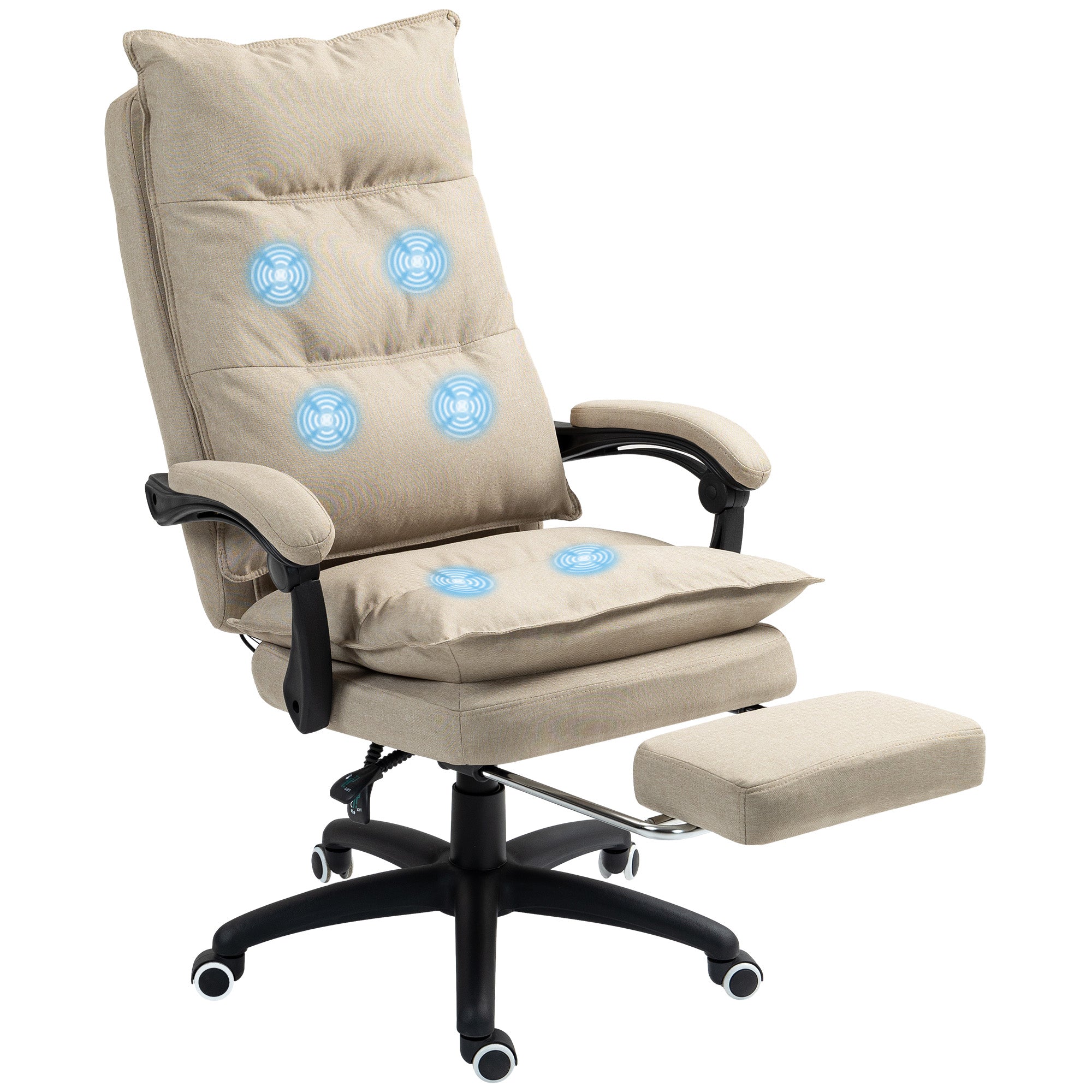 Massaging Office Chair, Desk Chair, Ergonomic Chair with Height Adjustment, Reclining Backrest, Integrated Footrest, Wired Remote Control, 360° Swivel, Beige Linen Look