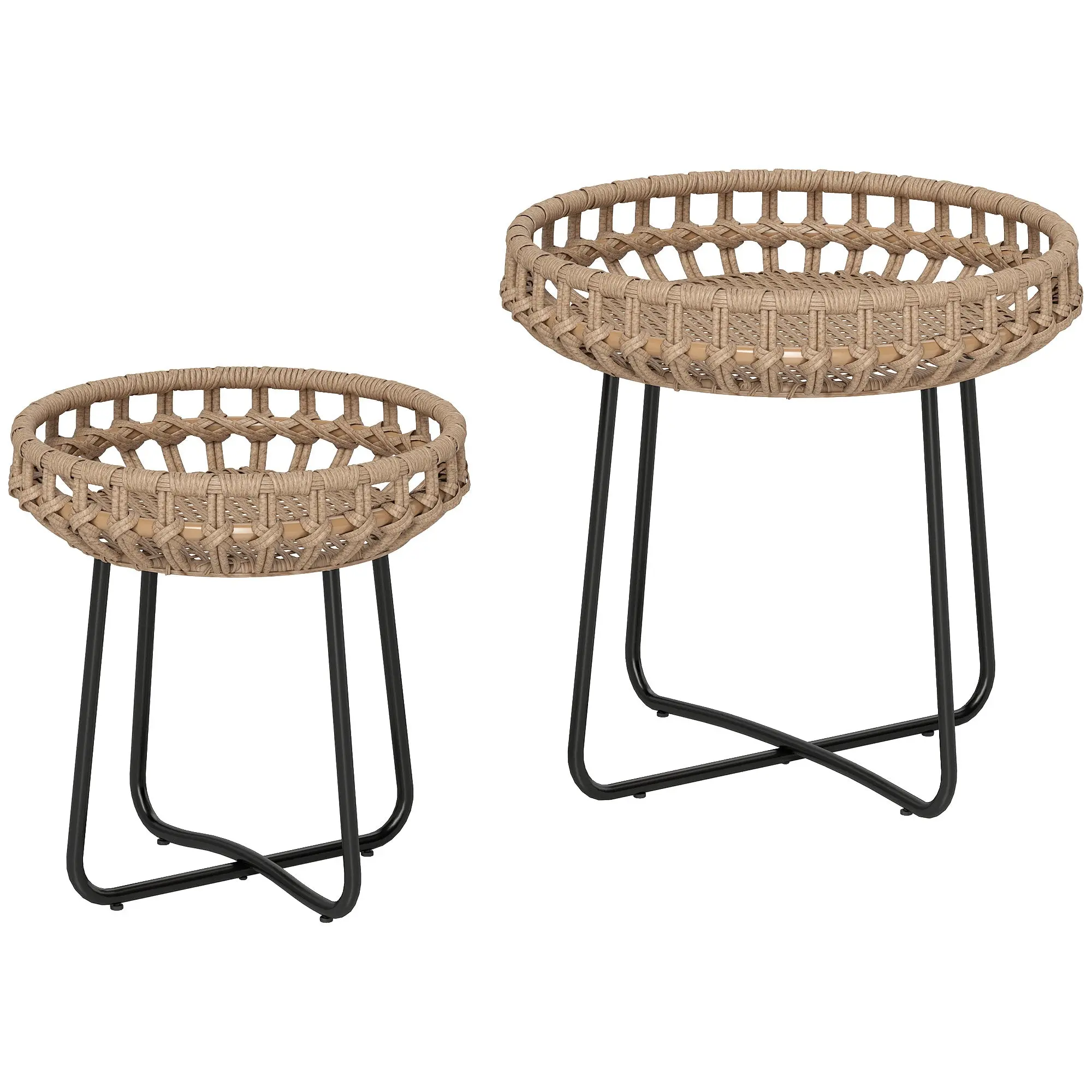 2-piece Side Table Set Polyrattan ?60/41 cm round weatherproof Garden Table with X-Legs Adjustable Foot Pads Outdoor Balcony Table Coffee Table Garden Furniture for Garden, Balcony Brown