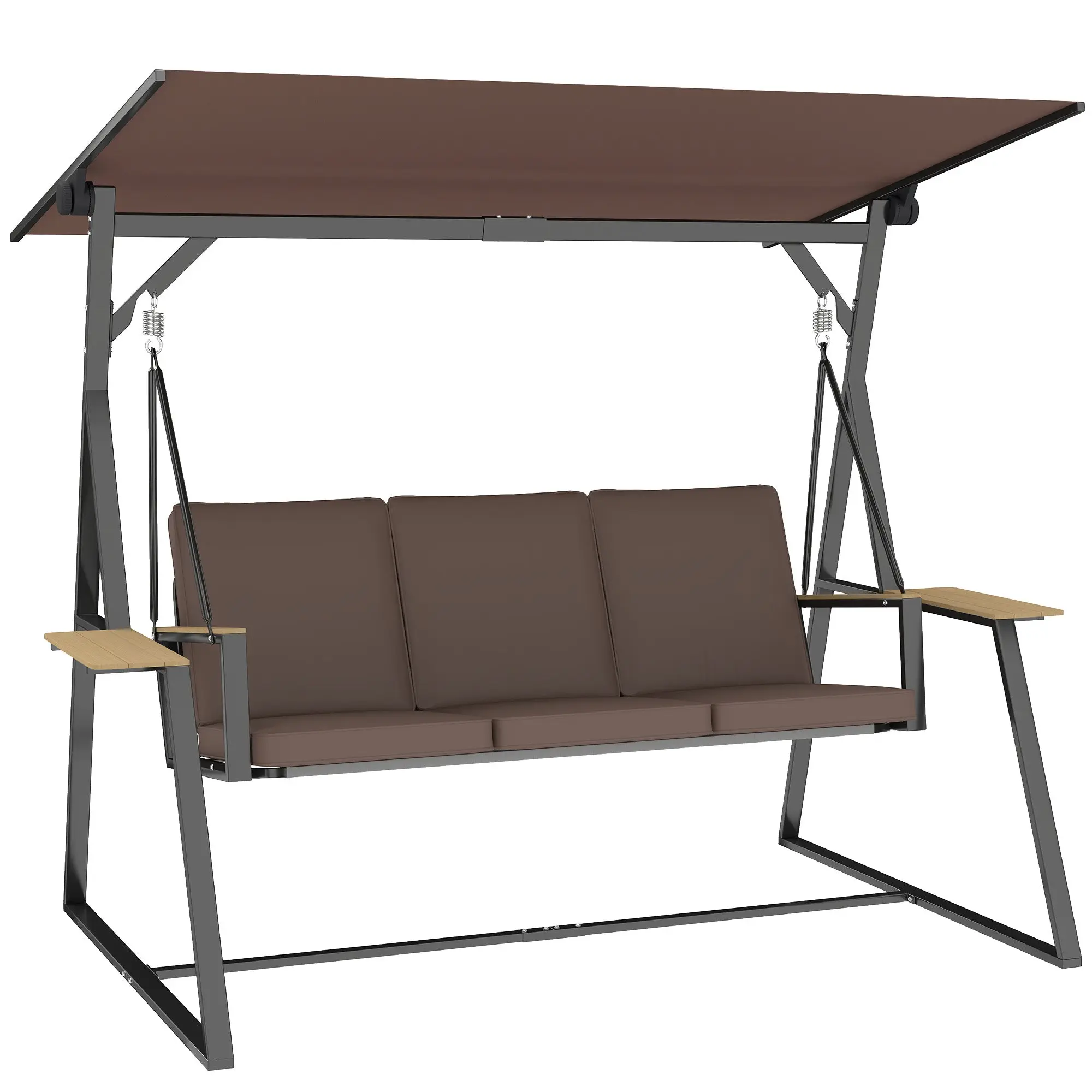 3-Seat Outdoor Swing with Adjustable UPF50+ Canopy, 2 Side Trays, Cushions & Metal Frame — Brown, 87.4 x 51.6 x 68.9 in, 794 lb Capacity