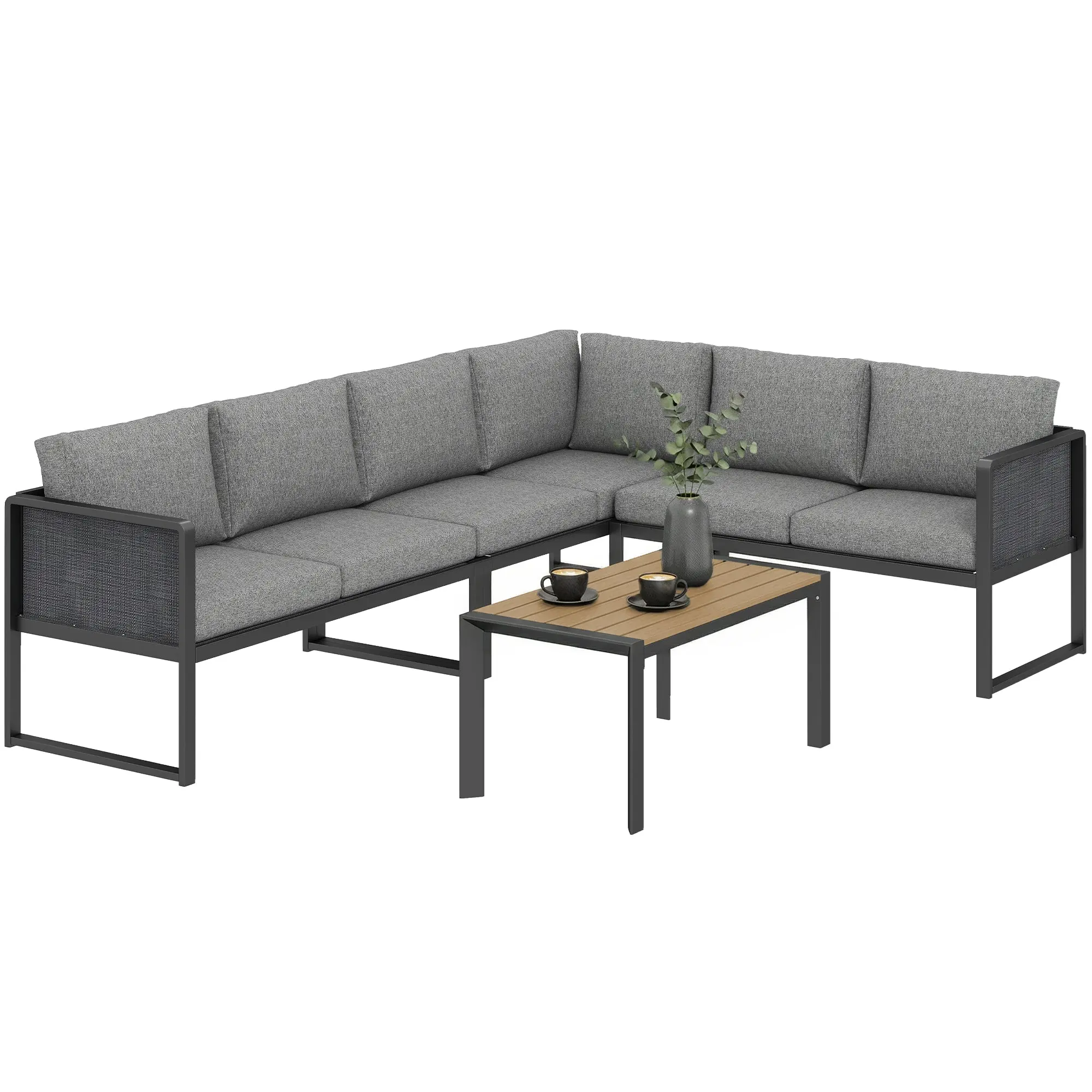 Modular 6-Person Outdoor Corner Sofa Set with Slatted Wood‑Effect Coffee Table, Metal Frame & Textilene Cushions – Dark Gray