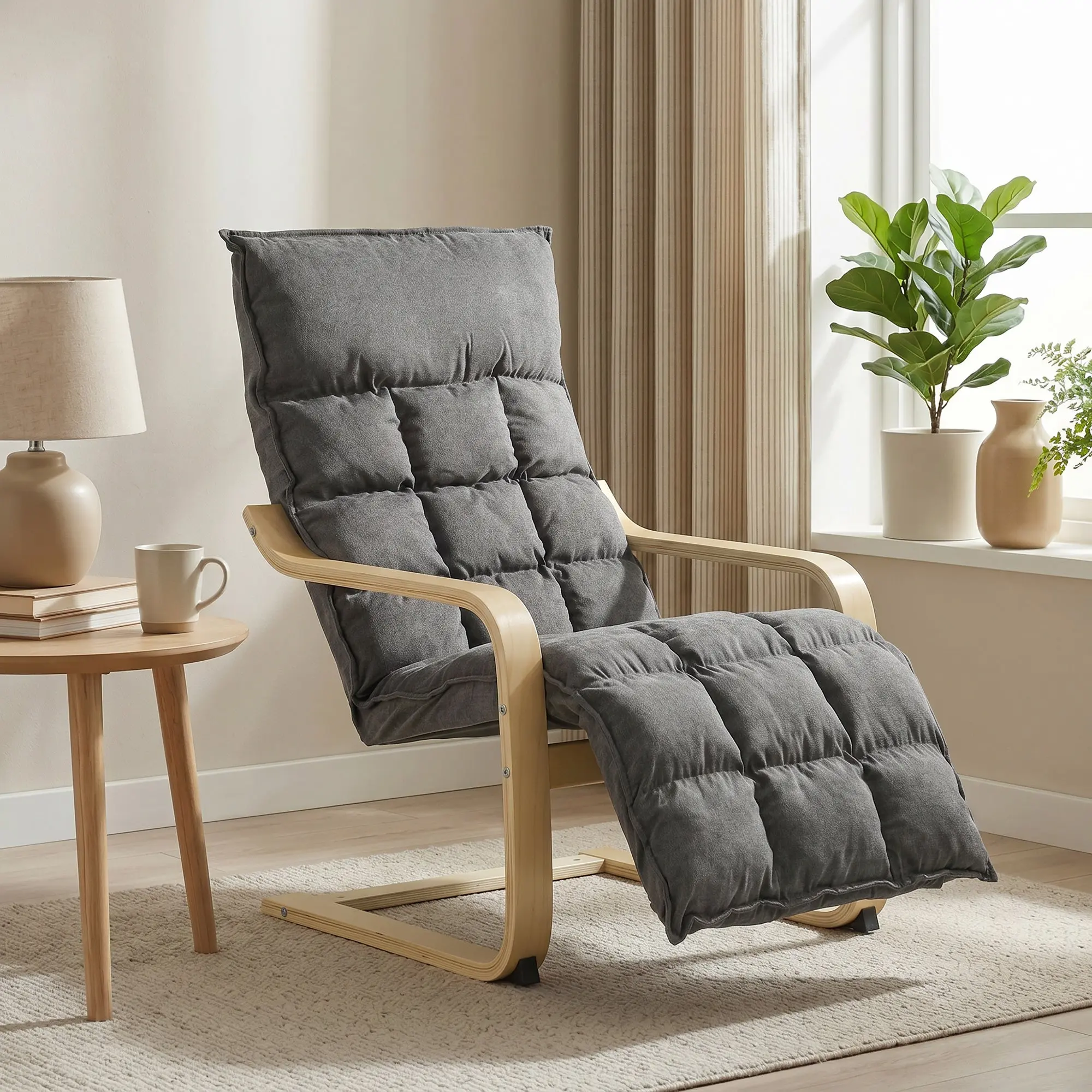 Rocking Armchair with Built-In Footrest — Linen Upholstery, High Back, Wide Seat — Gray