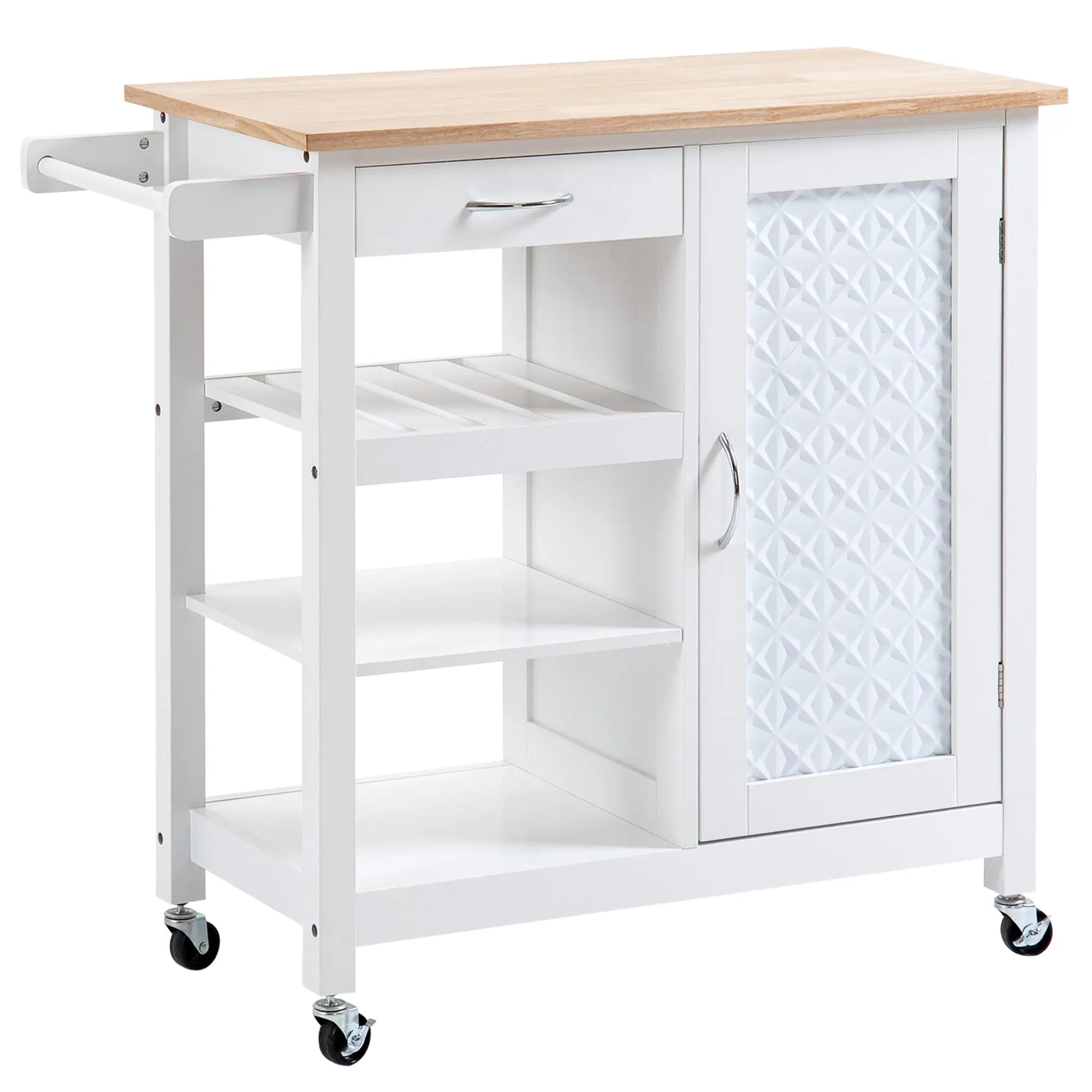 Rolling Kitchen Cart Service Cart Contemporary Style - Door, Drawer, 3 Shelves - Metal Handles White Wood