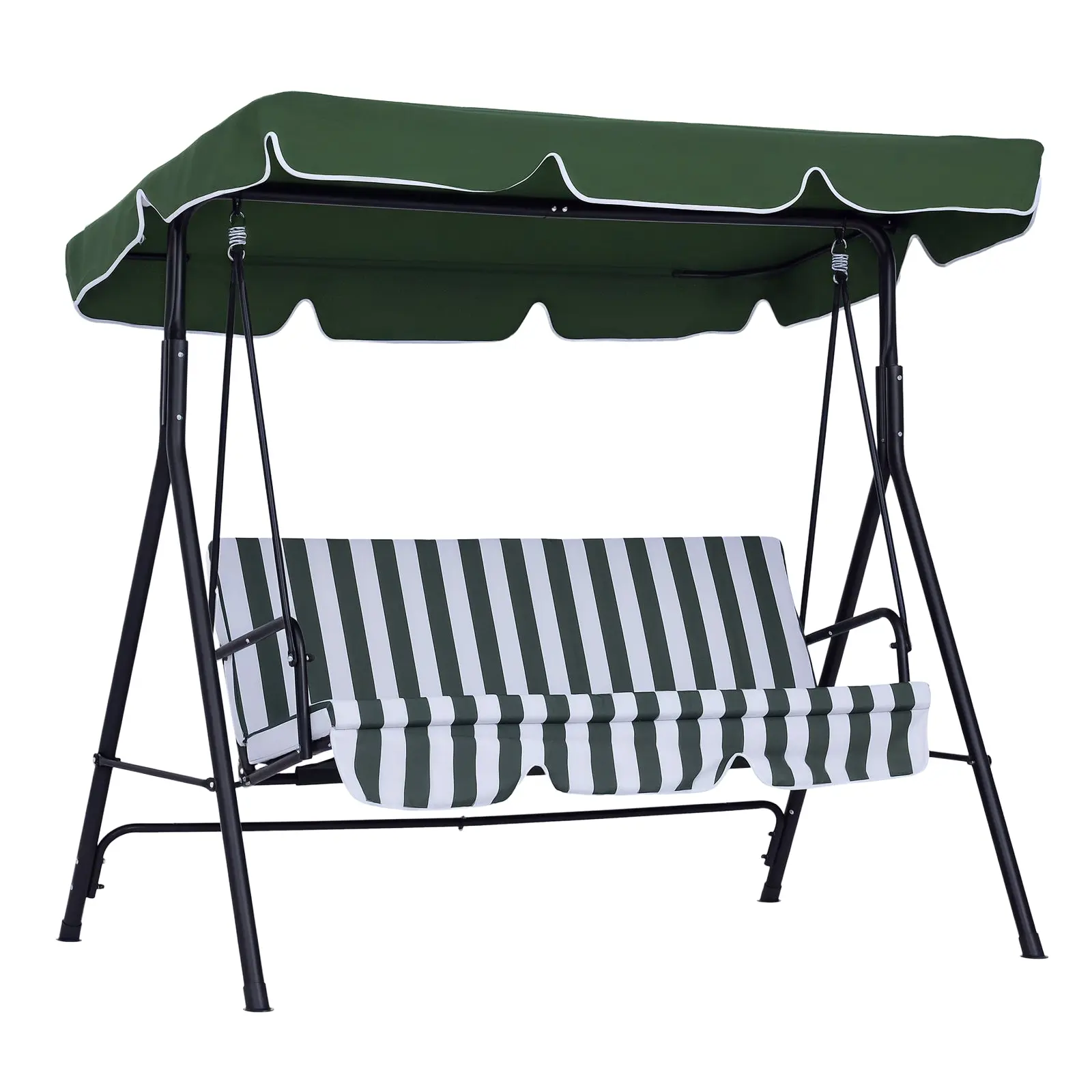 3-Seater Garden Swing Chair, Patio Swing Bench with Adjustable Canopy, Padded Cushion, Steel Frame and Anti-Slip Feet 172x110x153 cm Green