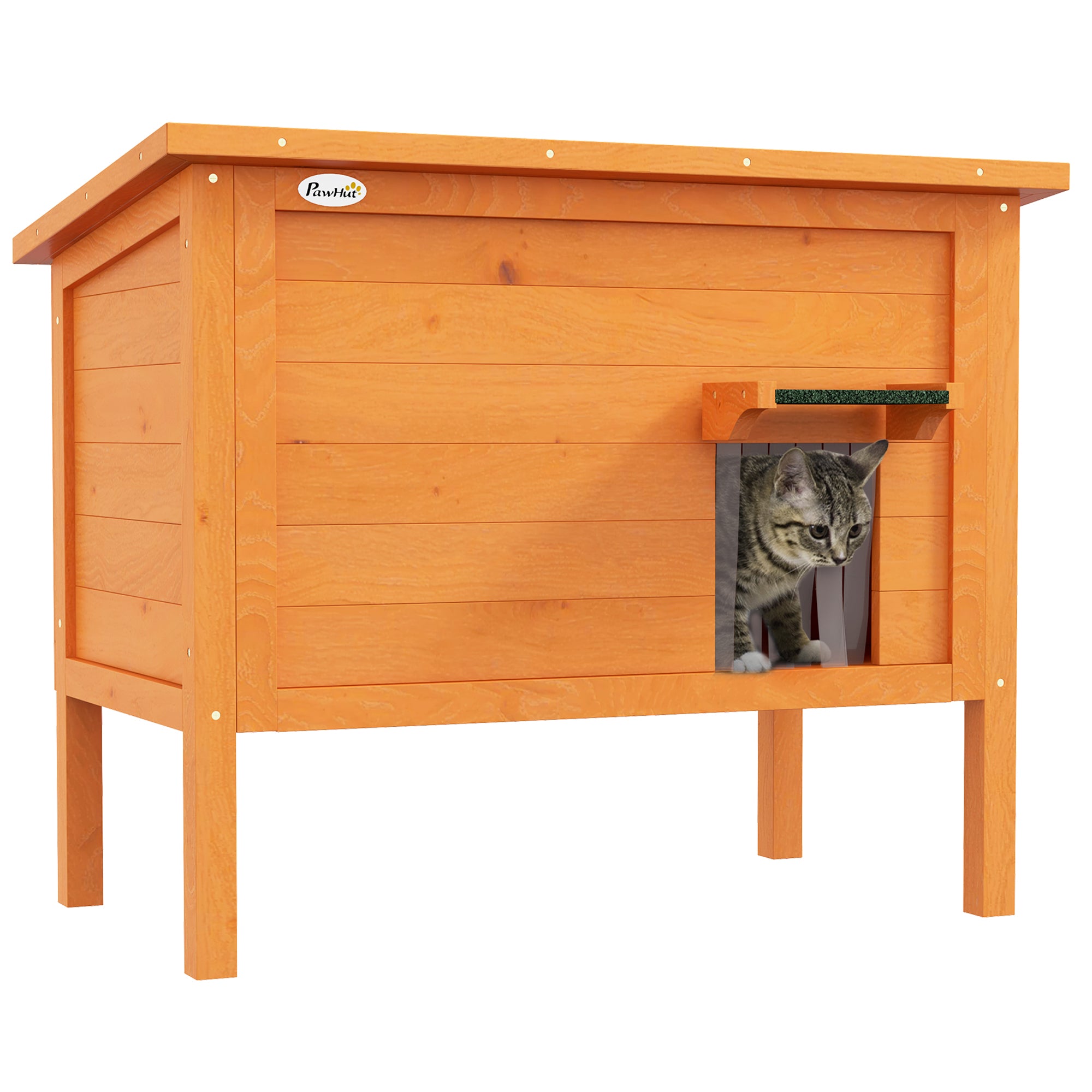 PawHut Fa Macska Ház - Télálló, Vízálló Macska Menedék Aszfalt Tetővel, Álló Talpakkal, Macska Bújóhely Kerti Kényelmes Kiskedvenceknek 85 x 50 x 68.5 cm Narancs