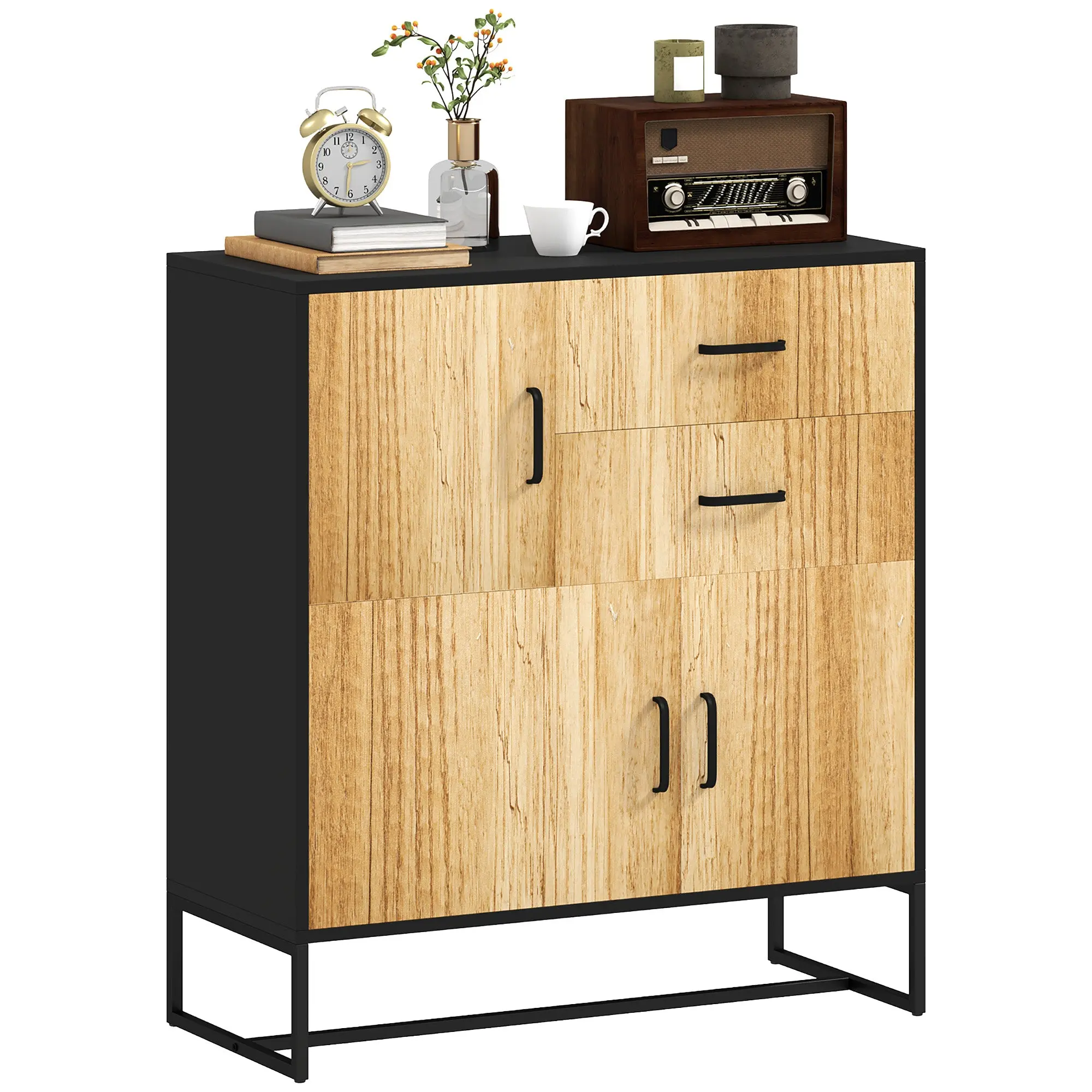 Modern Sideboard with 3 Cabinets and 2 Drawers, Multi-Purpose Cabinet in Particleboard and Steel, 80x35x85 cm, Black and Wood Color