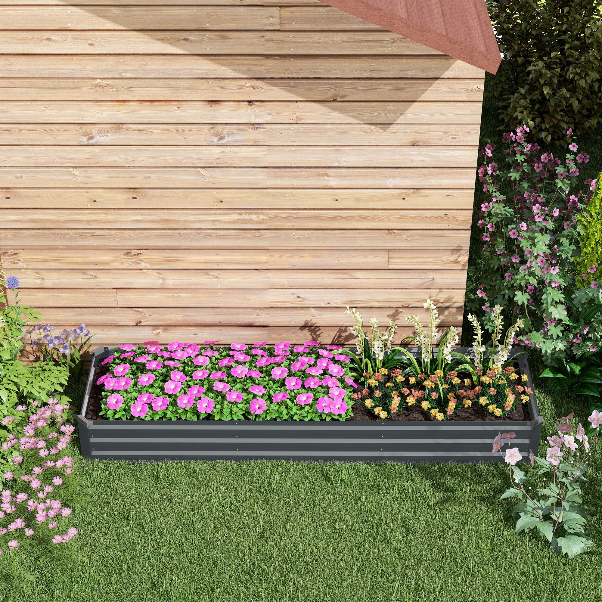 Outsunny Rechteckiges Hochbeet, verzinkter Stahl Hochbeet, offener Boden, Hochbeet mit Schutzkanten, 240 x 60 x 30 cm, dunkelgrau