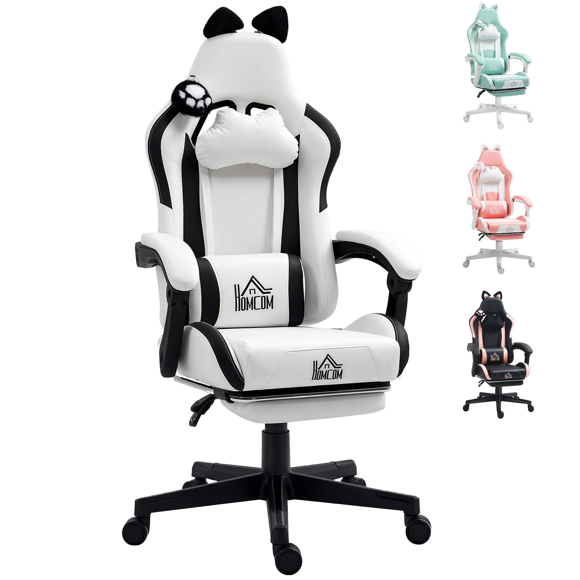 HOMCOM Gaming Stol med Kattöron, Justerbar Höjd, Fällbar Gamer Stol med Utdragbar Fotstöd, Ländryggsstöd och Avtagbart Huvudstöd för Kontor och Studier Vit