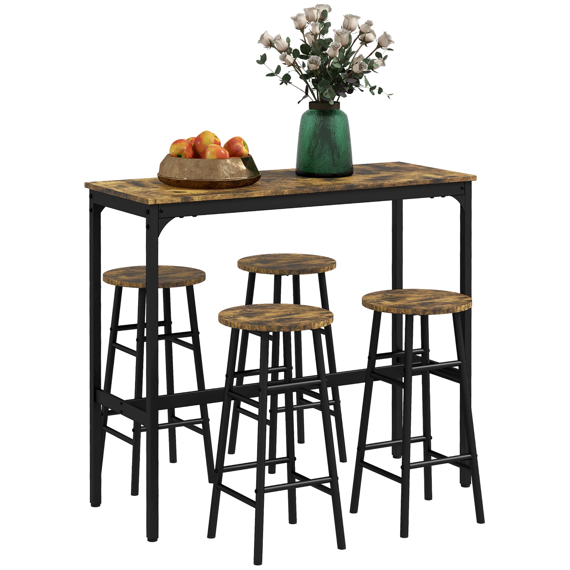 HOMCOM Rechteckiges Tischset für 4 Personen mit Stühlen, 4 Hockern aus MDF und Stahl, Hocker Ø30x60 cm und Rechteckiger Tisch 105x40x90 cm, Schwarz und Rustikbraun
