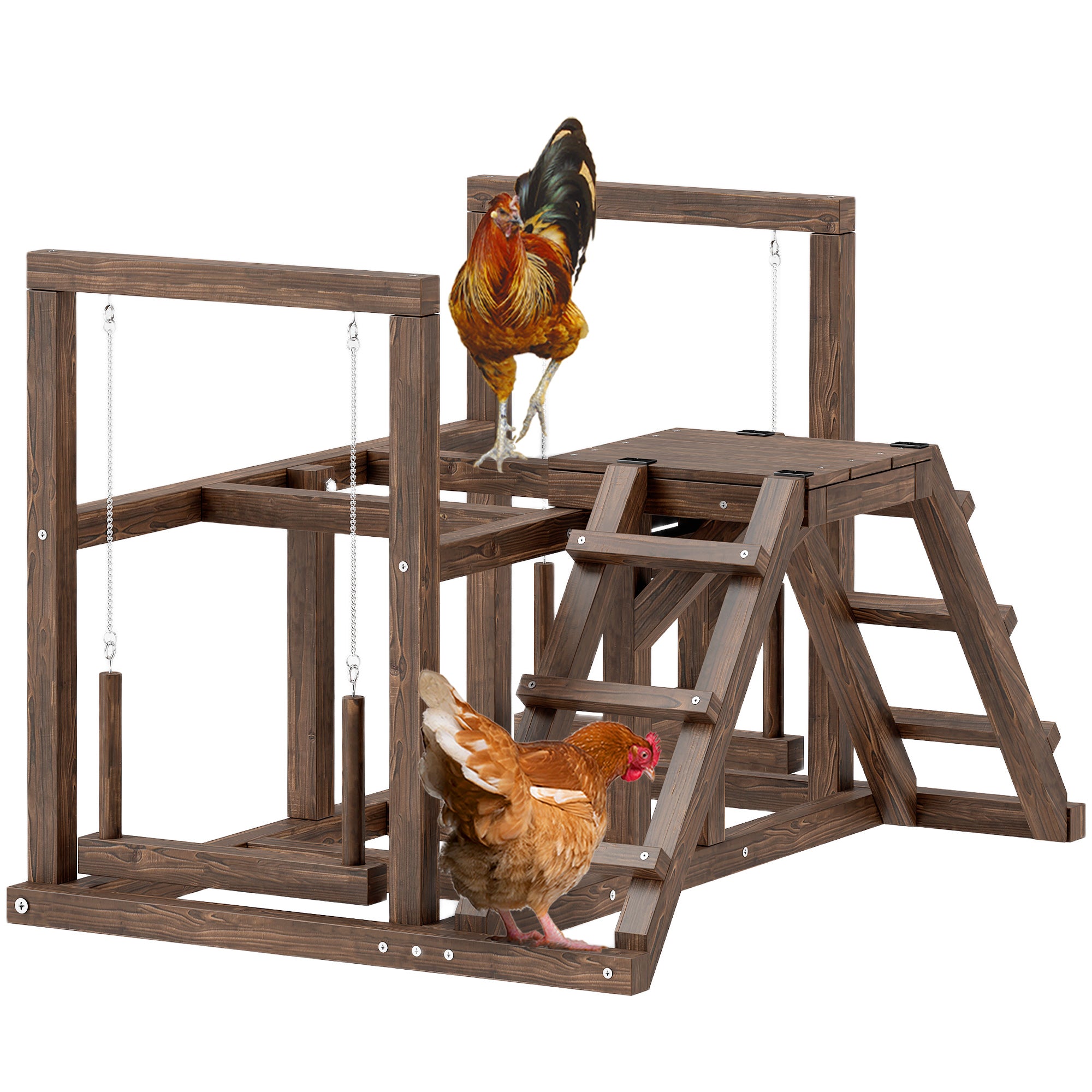 Wooden Chicken Activity Shelf, Chicken Playground with Chicken Perches, Swing, Ladder, Platforms Chicken Climbing Frame for 3 Chickens Brown