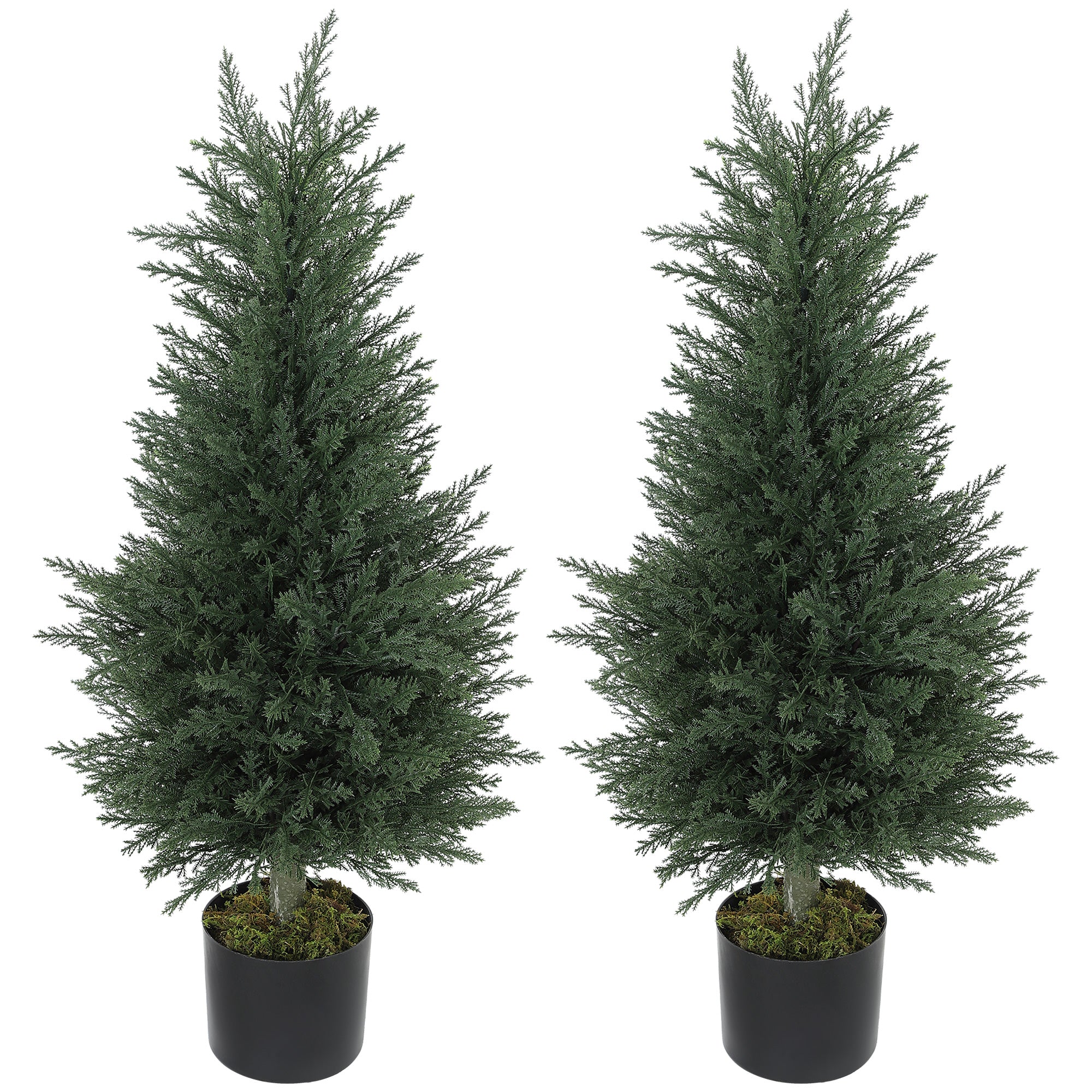 HOMCOM sæt med 2 kunstige cyprestræer, 90 cm – kunstige planter med mos i potter, UV-bestandige, realistiske PE-blade til inde- og udebrug